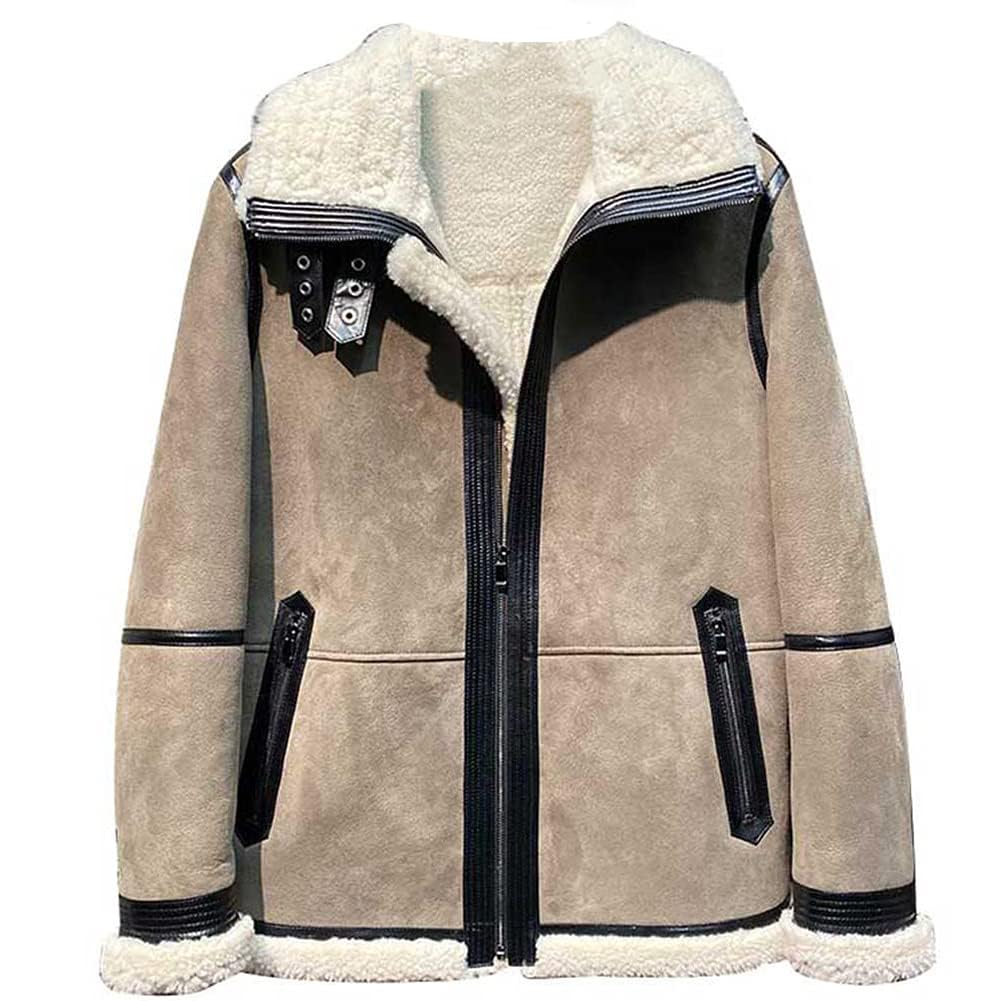 Denny&Dora Men's B3 Bomber Shearling Jacket - Natural Leather Winter Coat with Short Fur for Outdoor Adventures and Casual Wear