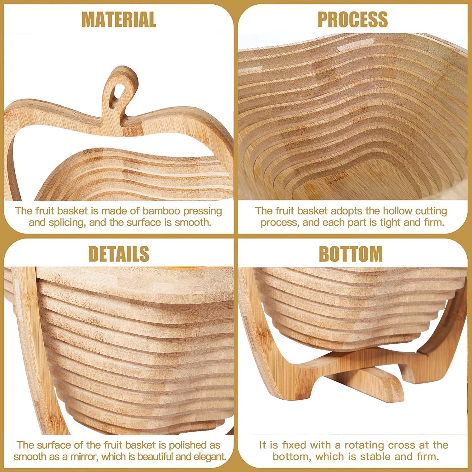 Foldable Bamboo Fruit Basket - Apple Shaped Collapsible Dried Fruit, Nuts & Candy Bowl | Wooden Snack Box for Kitchen Counter, Dining Table & Party Serving | Perfect for Fruits, Bread, Snacks & Gift Giving