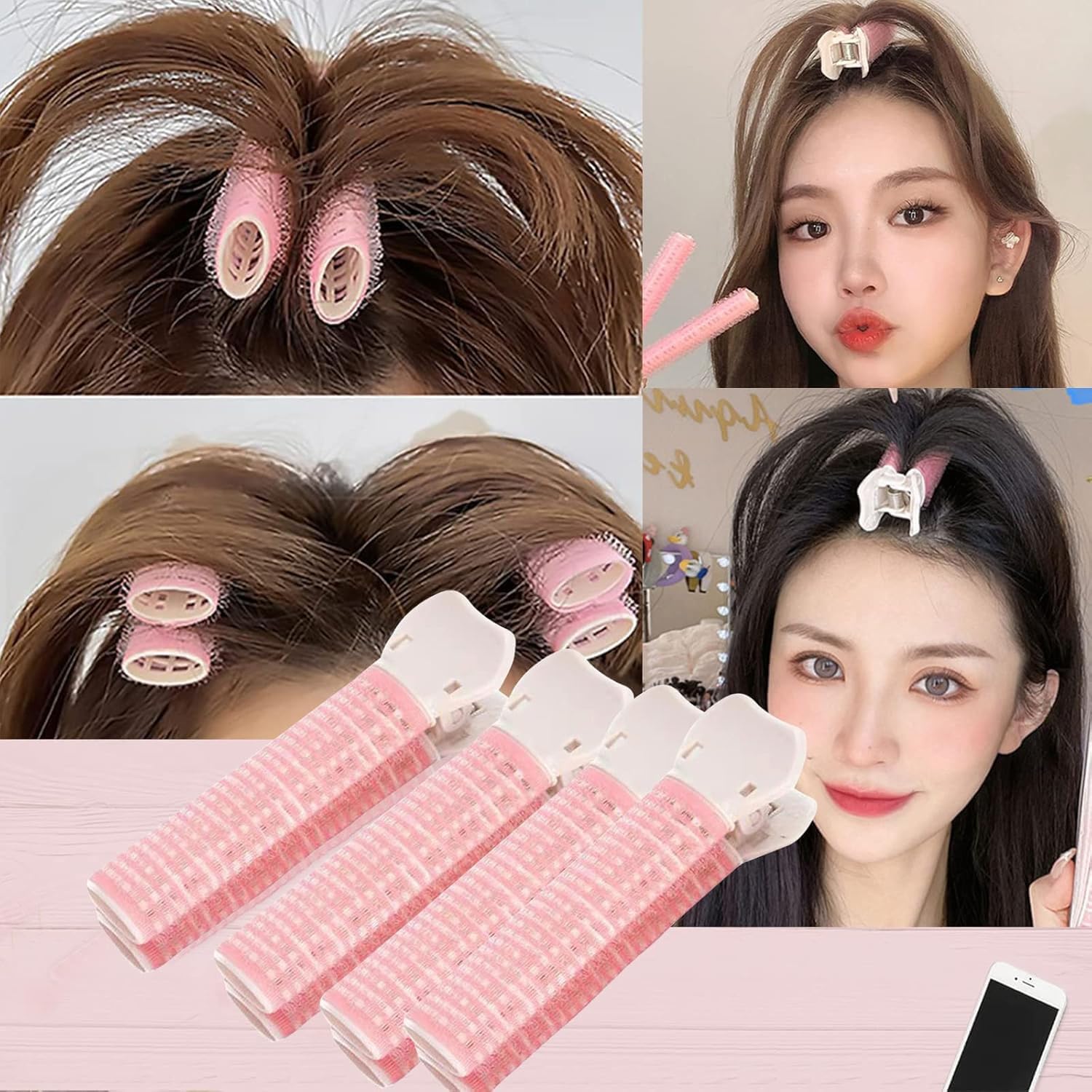 Volumizing Hair Rollers with Clips - DIY Styling Tool for Bangs & Roots - 4PCS Self-Grip Curlers for Easy At-Home Styling - Perfect for Creating Volume, Curls & Salon-Like Hairstyles