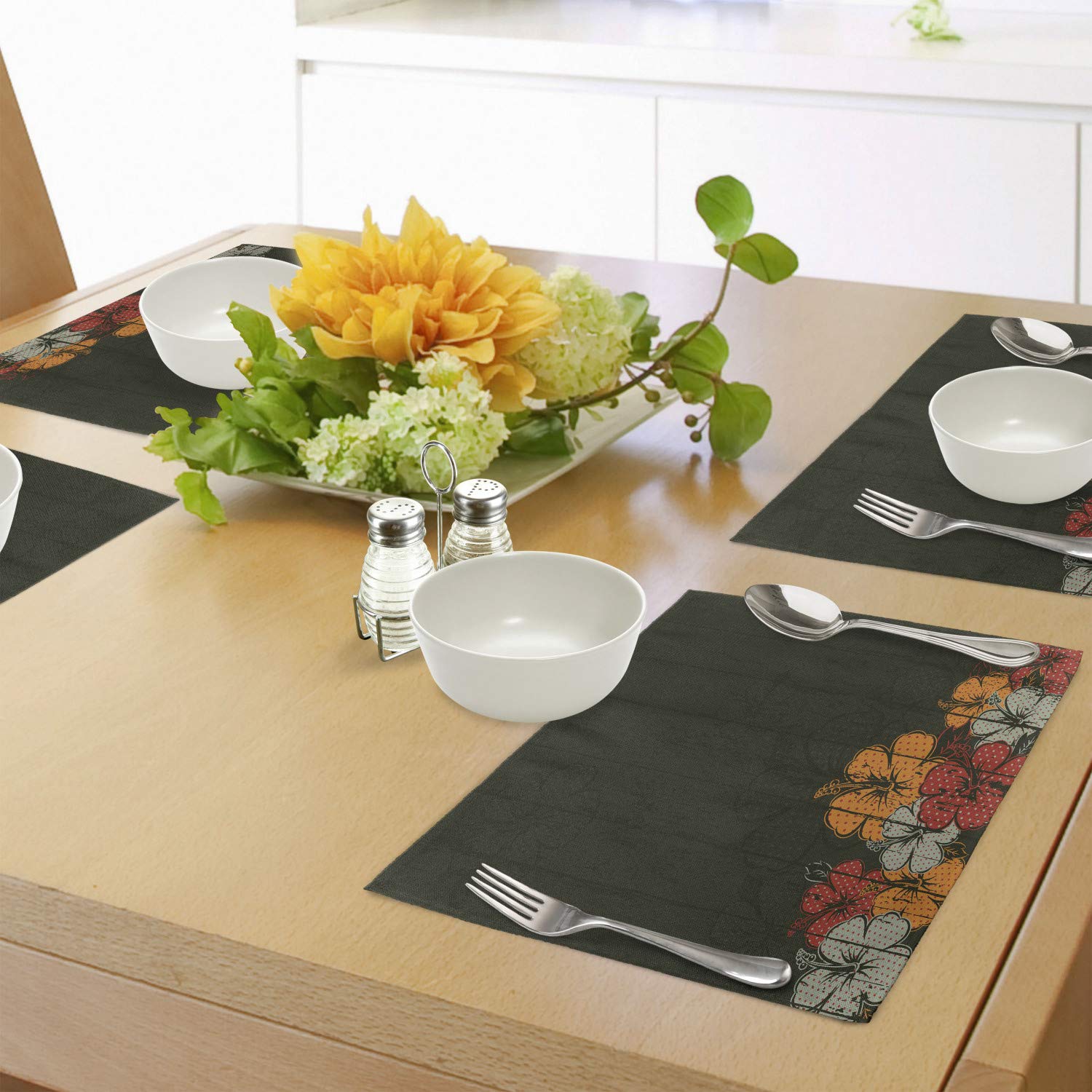 Ambesonne Floral Place Mats Set of 4 - Abstract Wooden Backdrop with Hawaiian Flowers, Leaves & Blooms - Washable Fabric Table Mats for Dining Room & Kitchen Decor in Amber Red & Army Green - Perfect for Dinner Parties, Holiday Gatherings & Everyday Meals