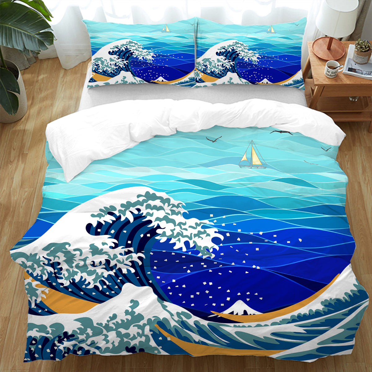Great Wave Bedding Set - Premium Cotton Duvet Cover & Pillowcase Set - Japanese Ocean Themed Bedroom Decor - Perfect for Coastal, Boho, or Minimalist Home Styling