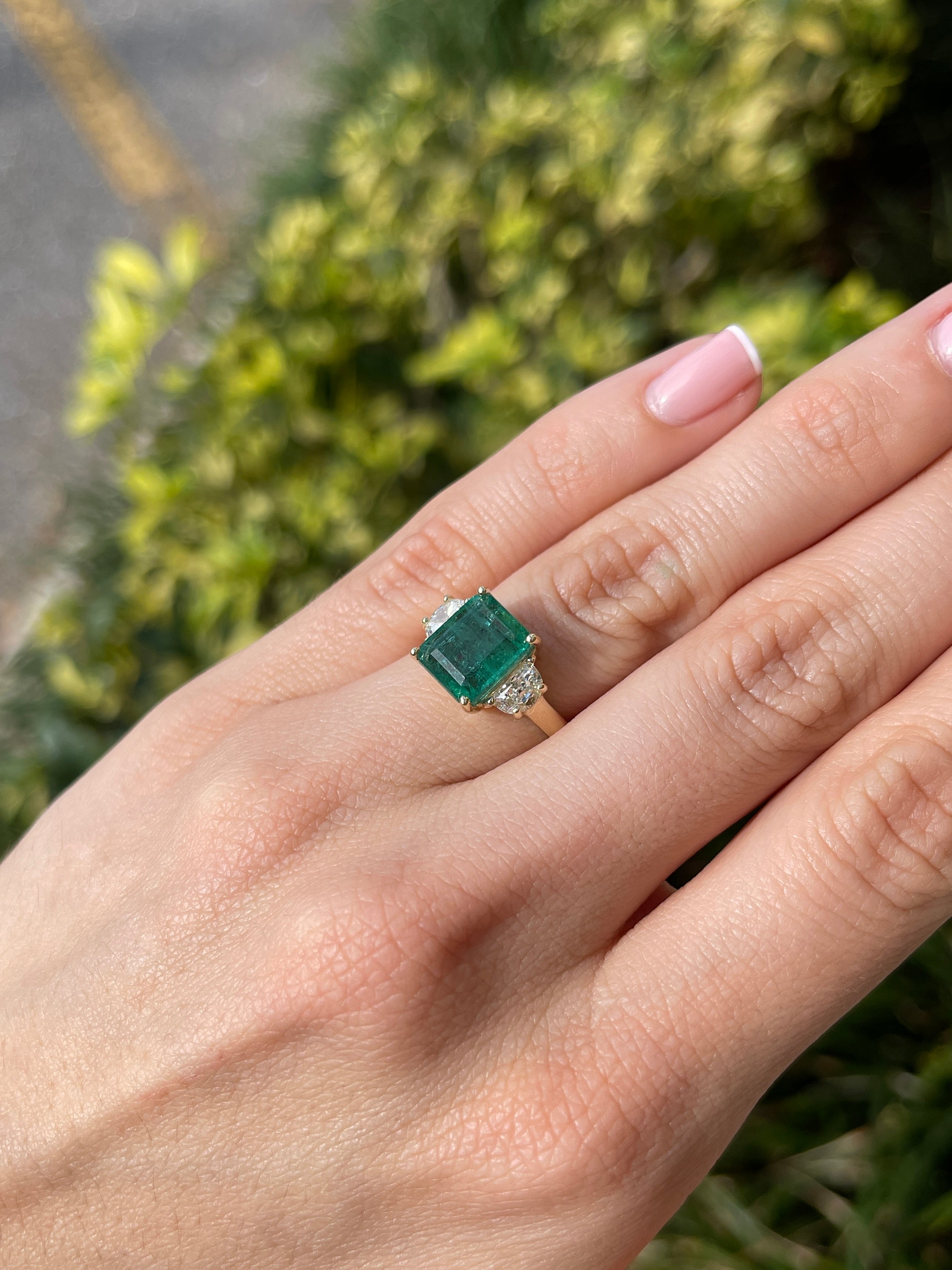 4.88tcw Natural Emerald & Lab-Created Half Moon Diamond 14K Gold Three Stone Ring for Engagement, Wedding, Anniversary & Special Occasions