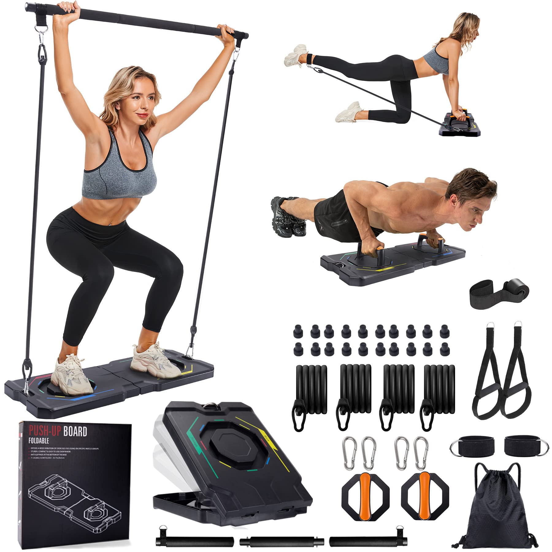 Portable Home Gym Equipment Set - 12-in-1 Workout System with Resistance Bands, Push-Up Stand, Tricep Bar & Pilates Bar for Full Body Training | Perfect for Home Workouts, Strength Training & Fitness Enthusiasts (Men & Women)