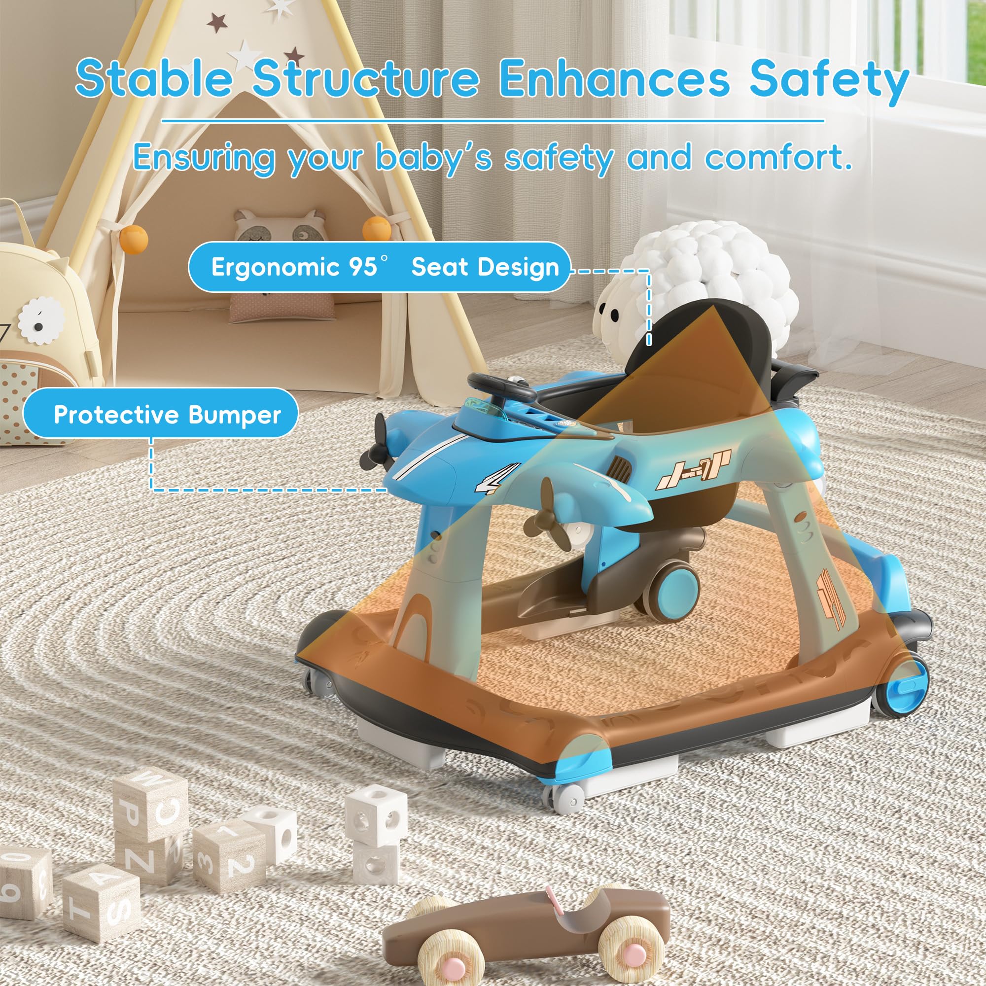 6-in-1 Foldable Baby Walker with Adjustable Height & Speed - Airplane-Themed Activity Push Walker with Music, Lights & Wheels - Anti-Slip Design for Boys & Girls 6-18 Months - Perfect for Learning to Walk & Indoor Playtime