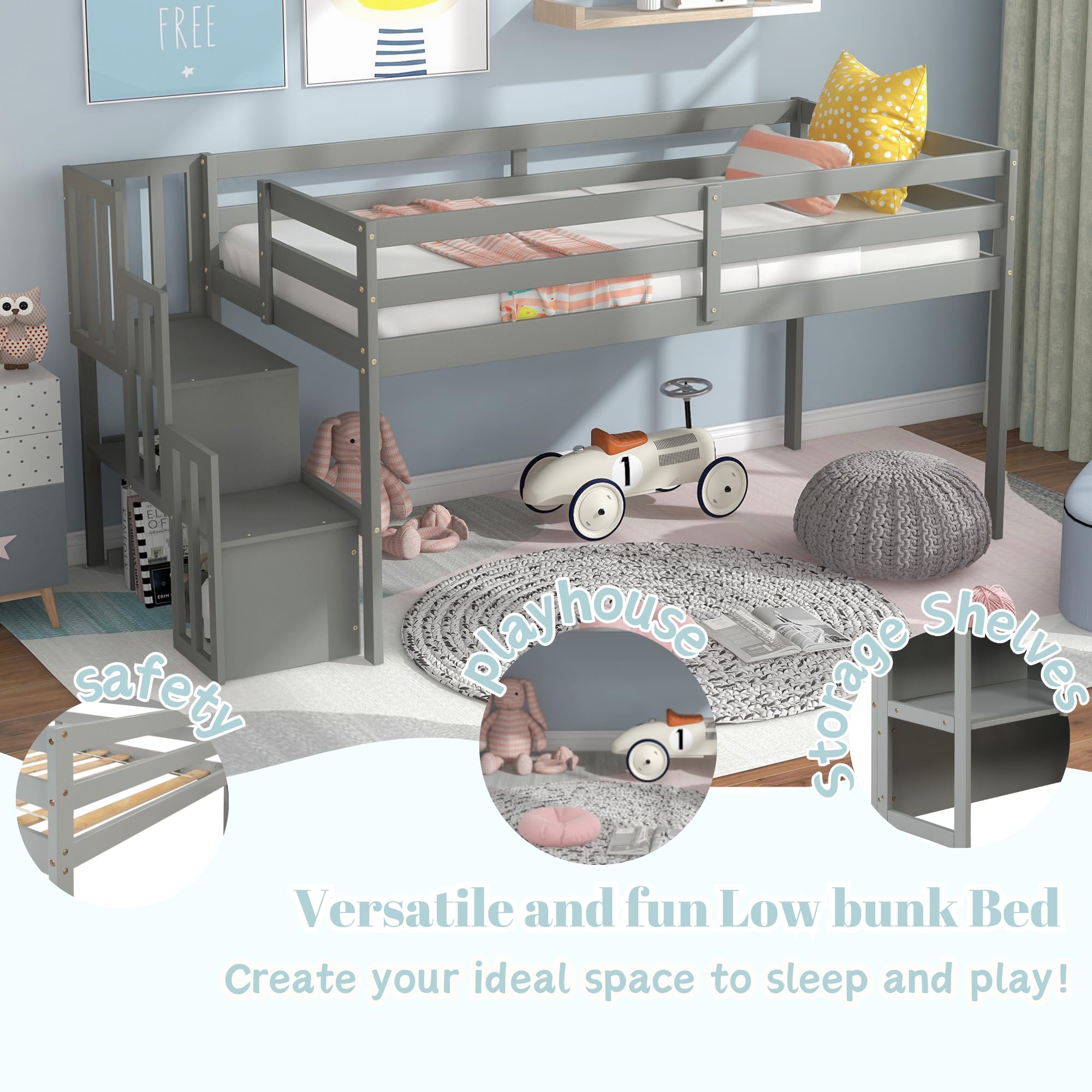 Bellemave Low Loft Twin Bed with Stairs & Storage - Sturdy Wooden Bed Frame for Kids, Teens, Boys & Girls - Space-Saving Gray Bedroom Furniture for Small Rooms, Dorms & Apartments