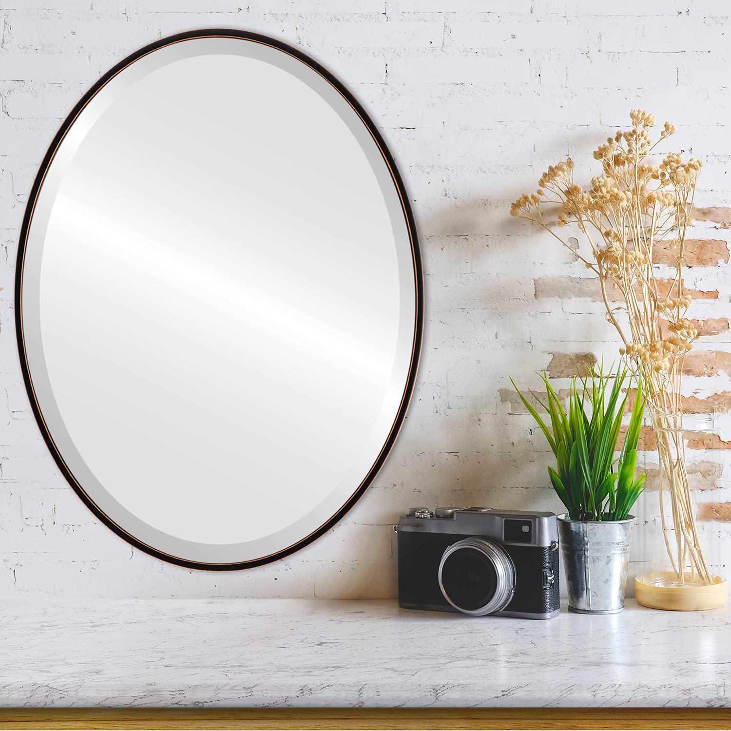 Oval Wooden Beveled Wall Mirror - Rubbed Black Finish - 20.6x30.6 Inches - Elegant Home Decor for Bathroom, Vanity, Bedroom, Living Room & Hallway - Singapore Style - Perfect for Makeup, Dressing & Interior Design