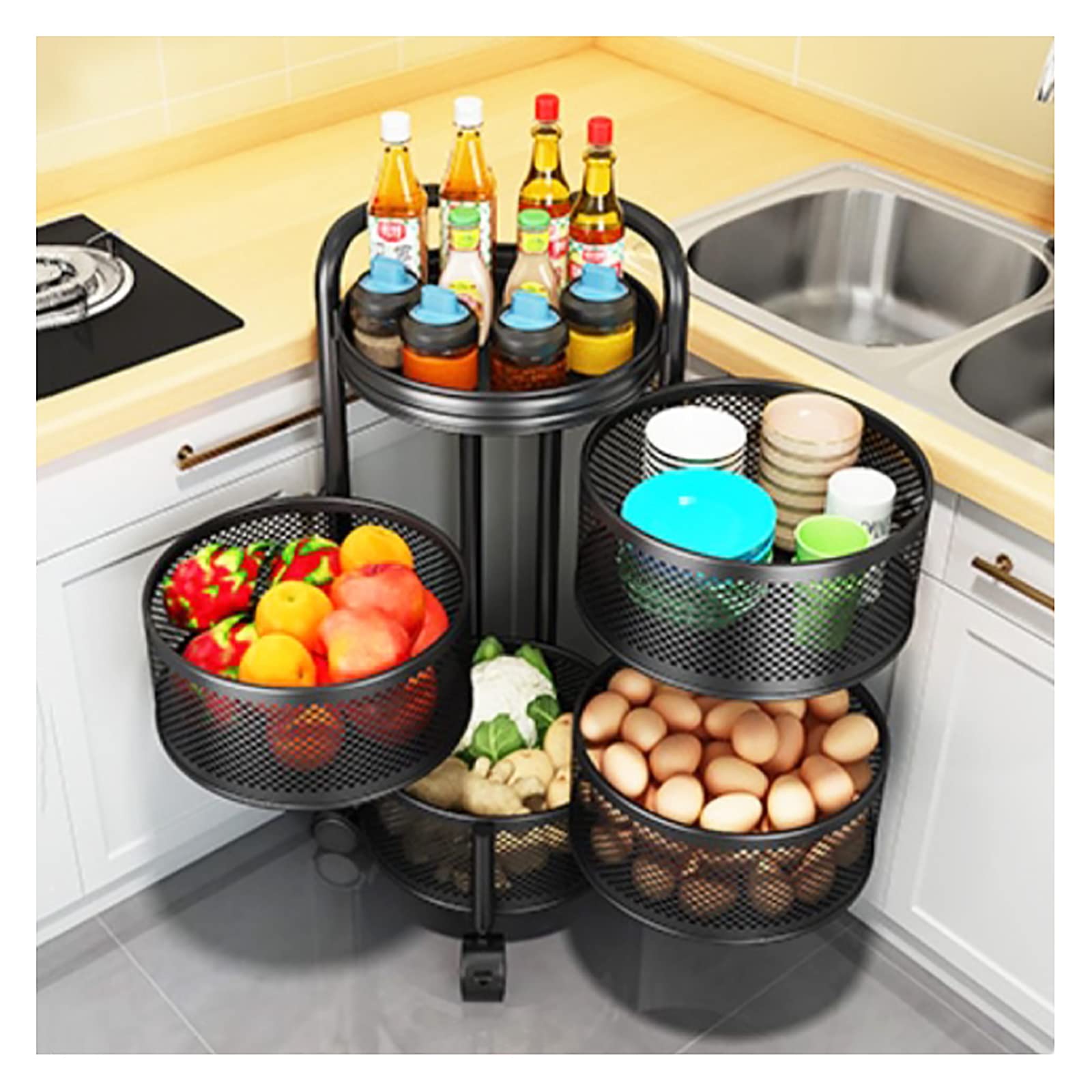 4-Tier Black Rotating Kitchen Shelf with Storage Basket - Multifunctional Spice Rack Organizer for Kitchen, Bathroom & Living Room - Space-Saving Storage Cart on Wheels for Small Spaces & Clutter Organization