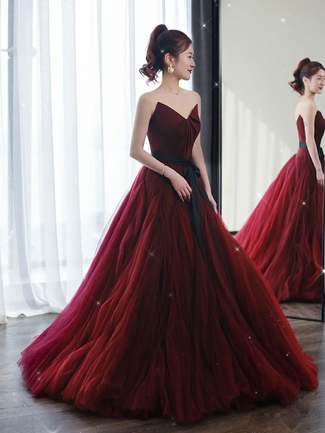 Elegant A-Line Burgundy Tulle Dress for Women - Perfect for Weddings, Prom & Special Occasions