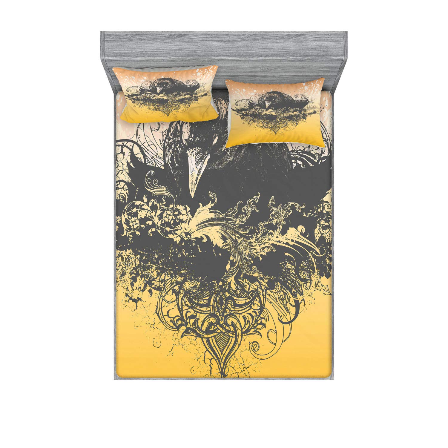 Ambesonne Halloween King Size 3-Piece Bedding Set - Black Fitted Sheet & Pillow Sham with Wicked Crow and Ornate Flowers Print, Mustard & Black Gothic Decor | Perfect for Spooky Bedroom, Halloween Party Decorations and Gothic Home Decor