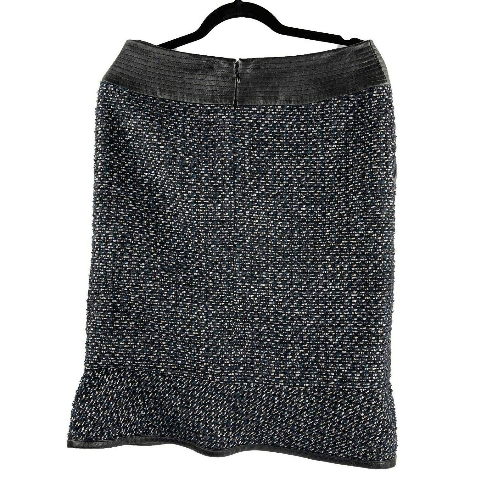 Chanel 02A Navy Multi Metallic Leather Trim Tweed Jacket and Skirt Suit Set - Women's Luxury Tweed Outfit for Office, Cocktail Parties & Special Occasions (US Size L)
