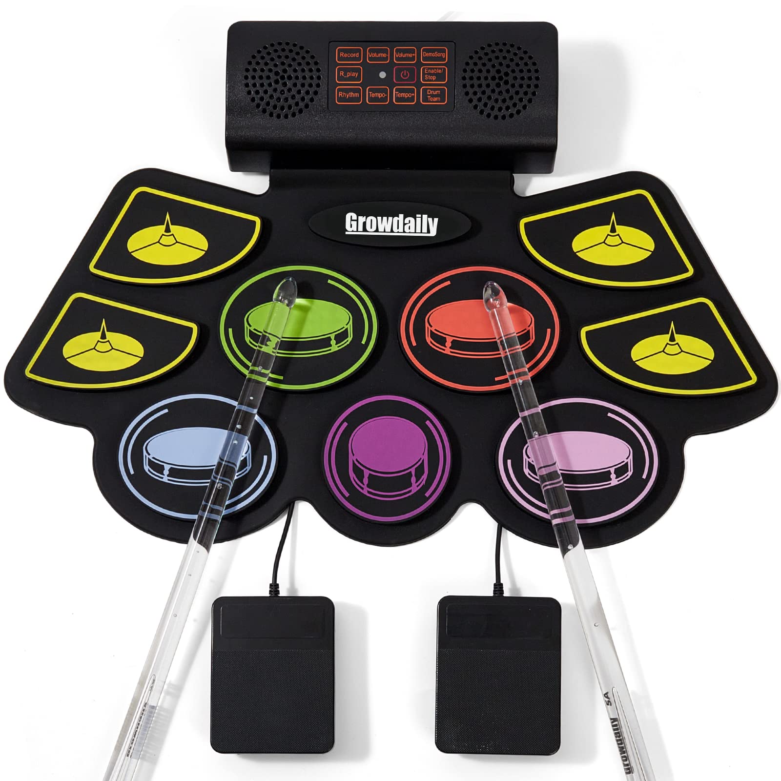 Electric Kids Drum Set - 9-Pad Electronic Drum Kit with Music Recording, LED Drum Sticks, Drum Pedal & MIDI Output | Dual Stereo Speakers, Rainbow Color | Perfect for Home Practice, Birthday Gifts & Music Learning