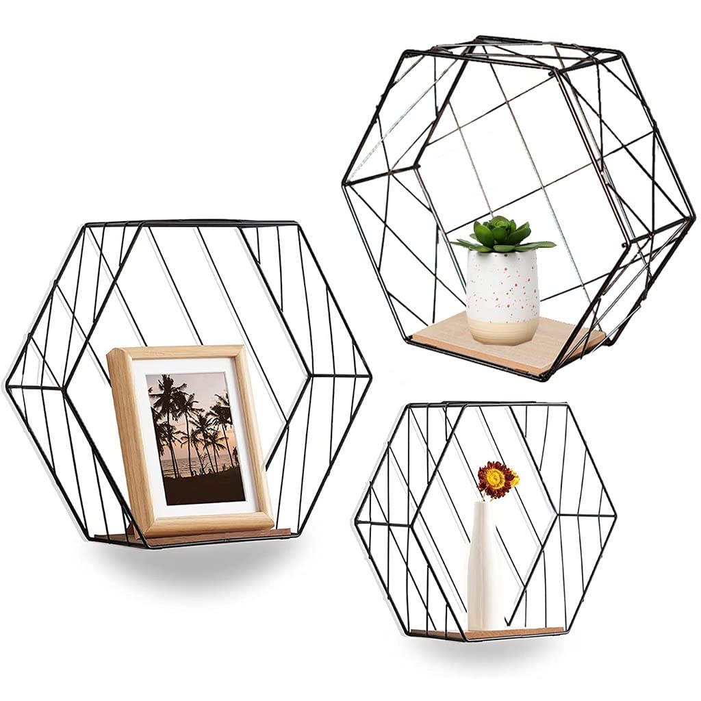 Hexagon Floating Shelves Set of 3 - Rustic Metal Wall Mounted Shelves for Home Decor | Bedroom, Living Room, Bathroom & Entryway Storage & Display | Black Industrial Wall Shelves for Modern & Farmhouse Style Decorating