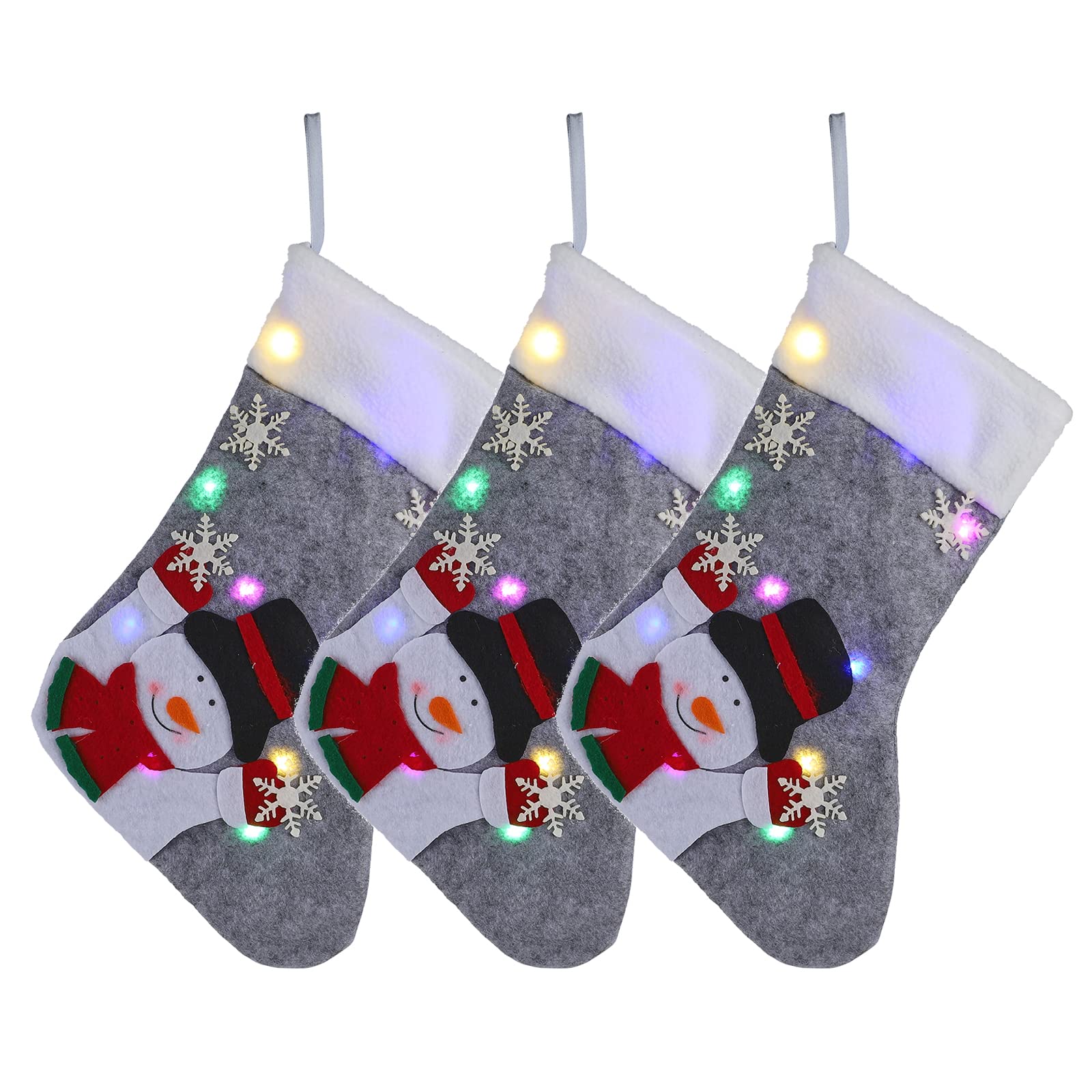 Juoyyo 3-Piece LED Christmas Stockings Set - Santa, Snowman & Reindeer Holiday Decor for Fireplace, Gift Bags - Perfect for Family Christmas Party, Holiday Season Decorations & Festive Home Decor