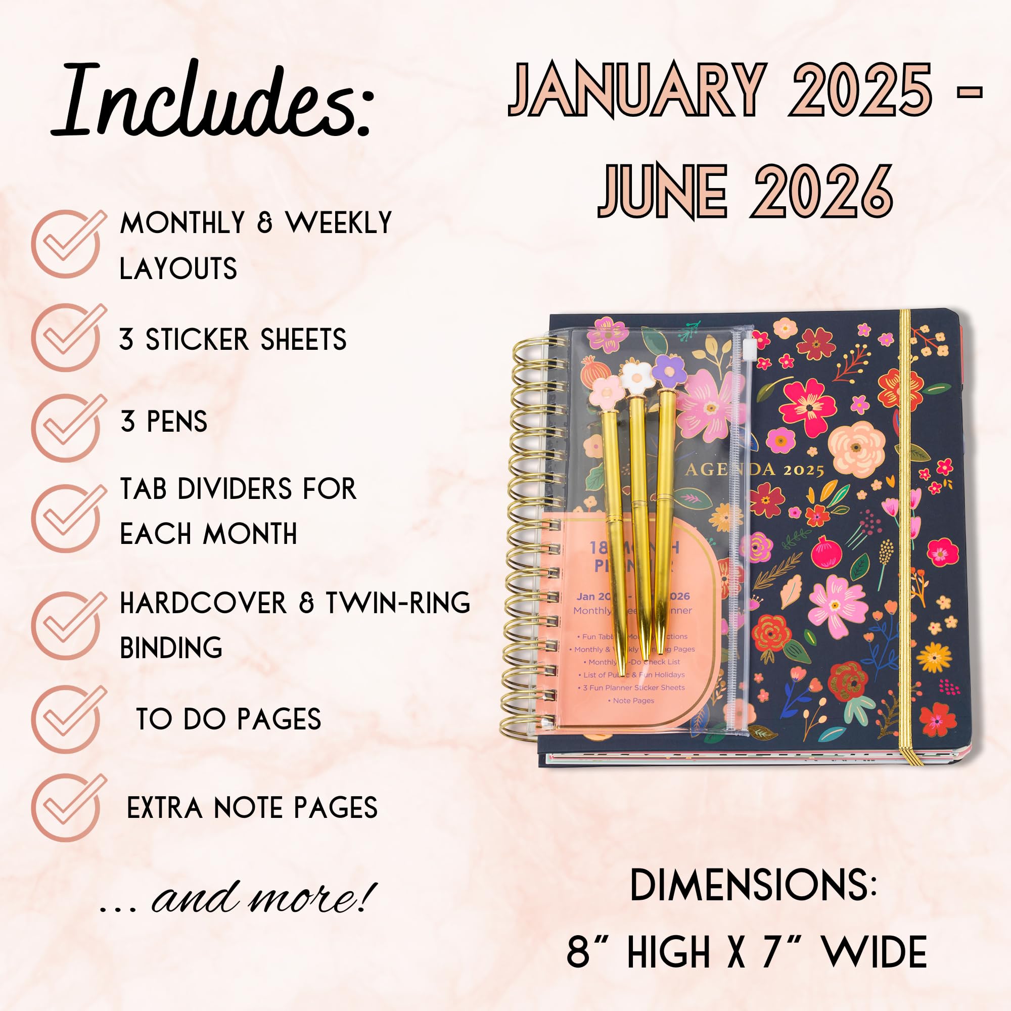 Votum 18-Month Large Academic Planner 2025-2026 (January 2025 - June 2026) - Daily Weekly Monthly Organizer with Twin-Ring Binding, Blue Floral Design, 3 Sticker Sheets & Notes Pages - Perfect for School, Work, College Students & Office Professionals