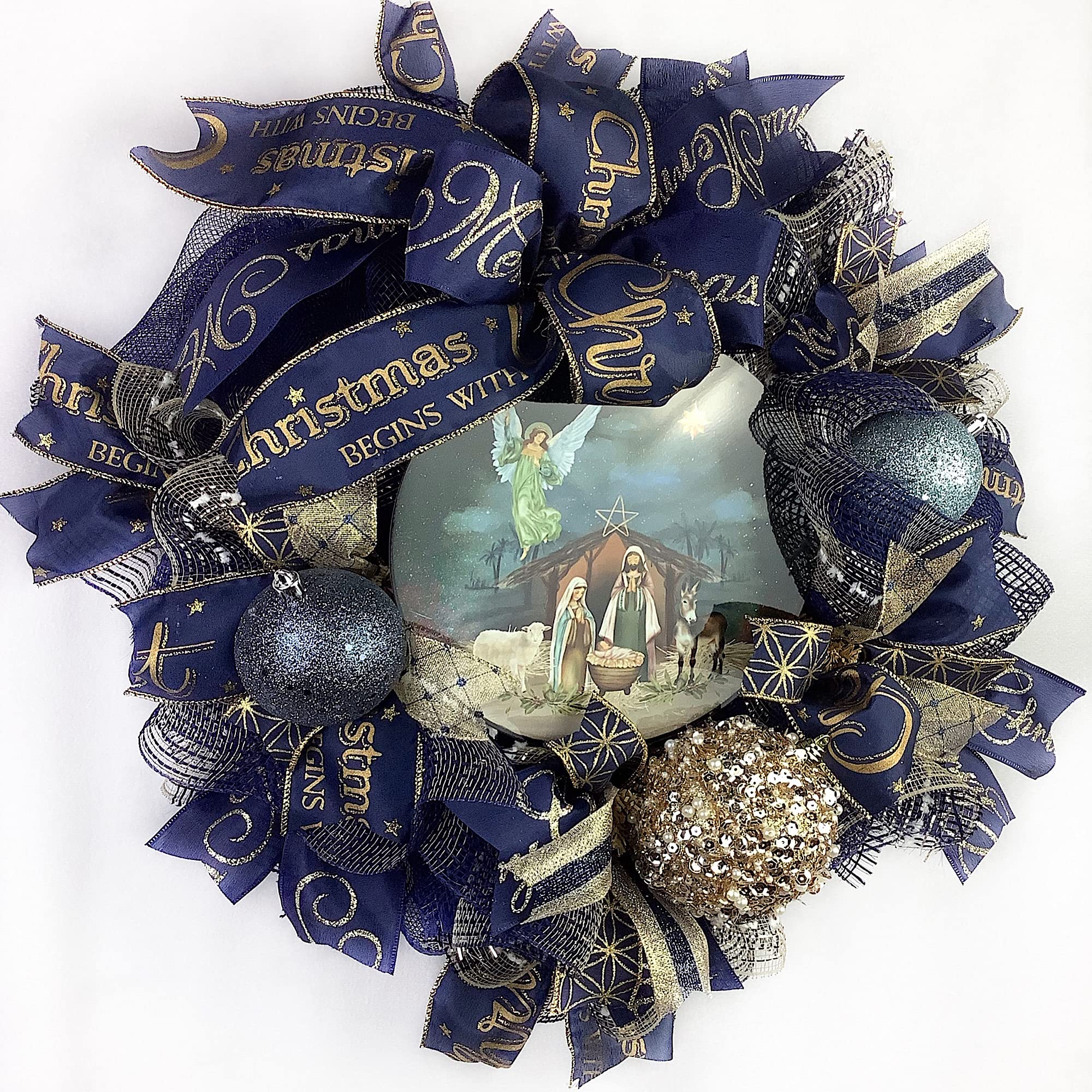 Nativity Christmas Wreath with Baby Jesus in Manger - Navy Blue & Gold Holiday Decor with Beautiful Ball Ornaments & Bow | Perfect for Front Door, Fireplace & Christmas Tree Decorations
