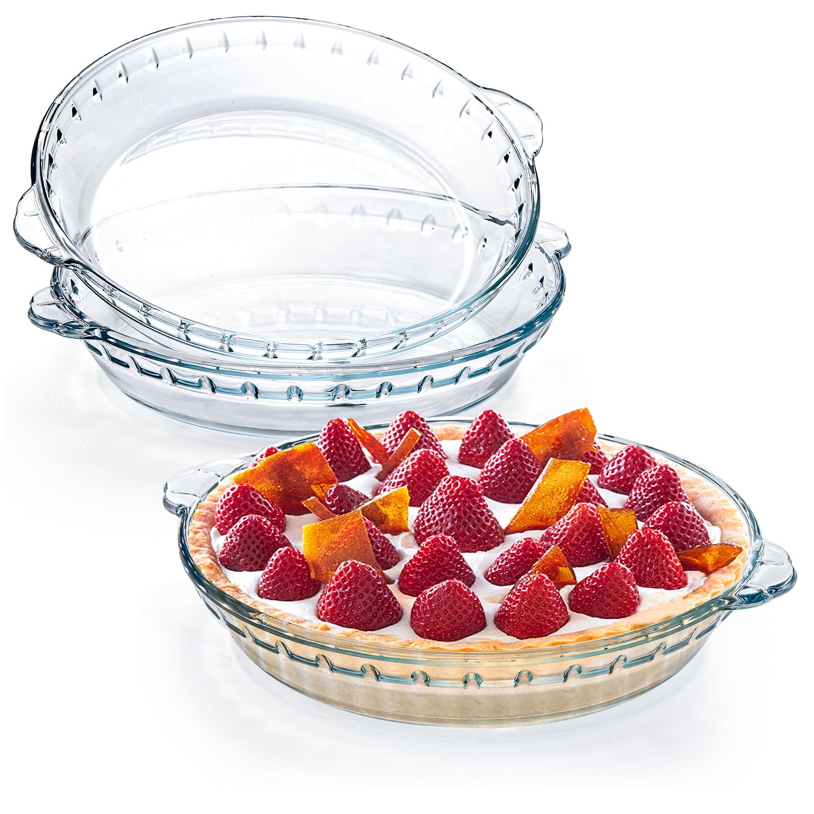 Kingrol 3-Pack 9-Inch Glass Pie Plates with Handles - Clear Baking Dishes for Pies, Snacks, Salads & Desserts - Perfect for Thanksgiving, Potlucks & Family Gatherings