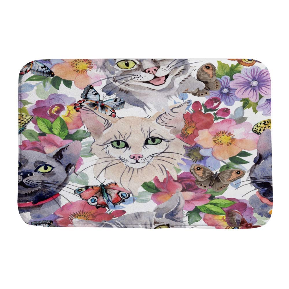 Non-Slip Coral Fleece Bath Mat - Watercolor Cat Design Shower Rug for Bathroom Tub, Absorbent & Cozy Doormat for Indoor/Outdoor Use - Perfect for Bathrooms, Showers & Pet Areas