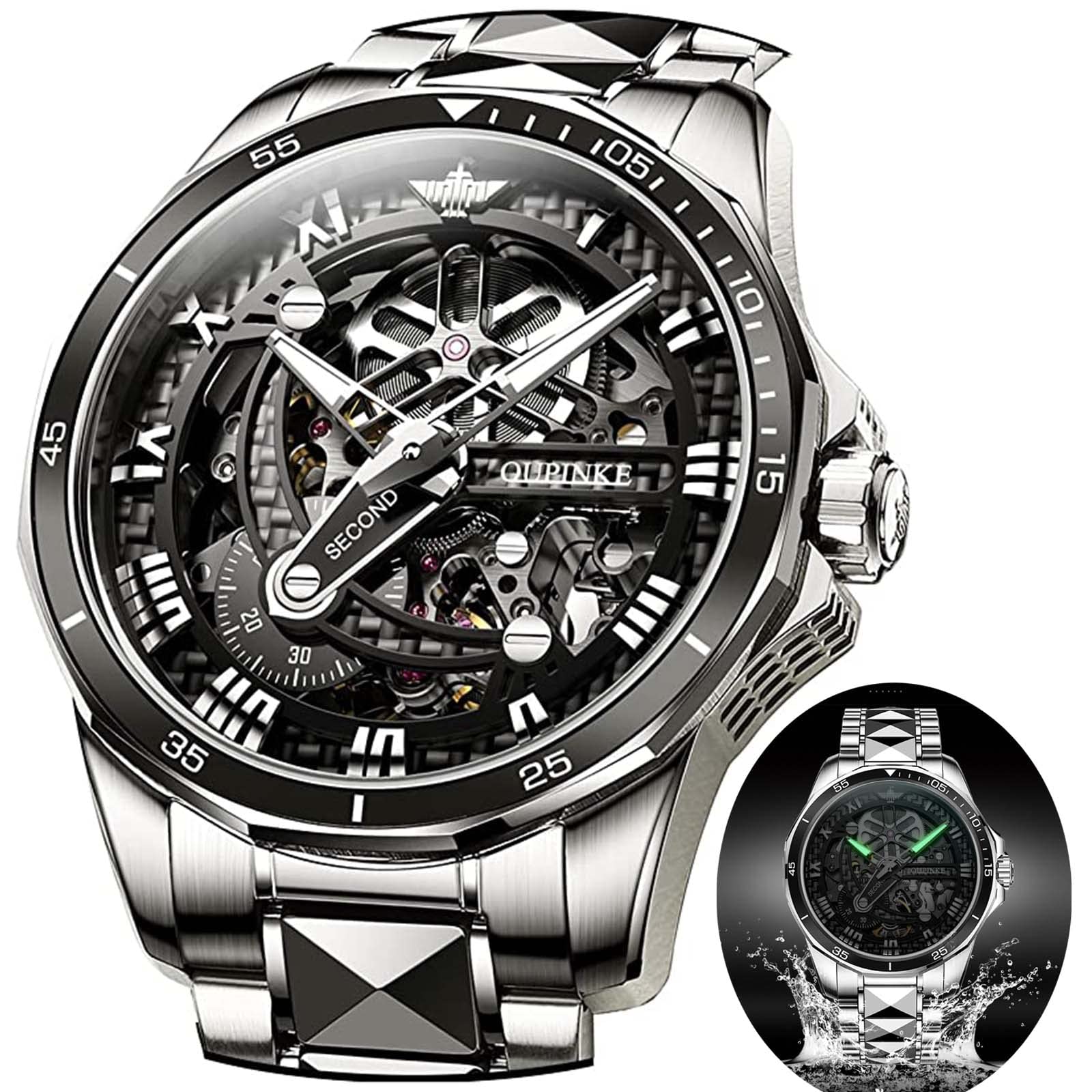 OLEVS Automatic Skeleton Men's Luxury Watch - Mechanical Self-Winding Movement, Sapphire Crystal, Tungsten Steel Case, 50M Waterproof, Luminous Hands - No Battery Needed - Perfect for Business, Formal Events & Daily Wear