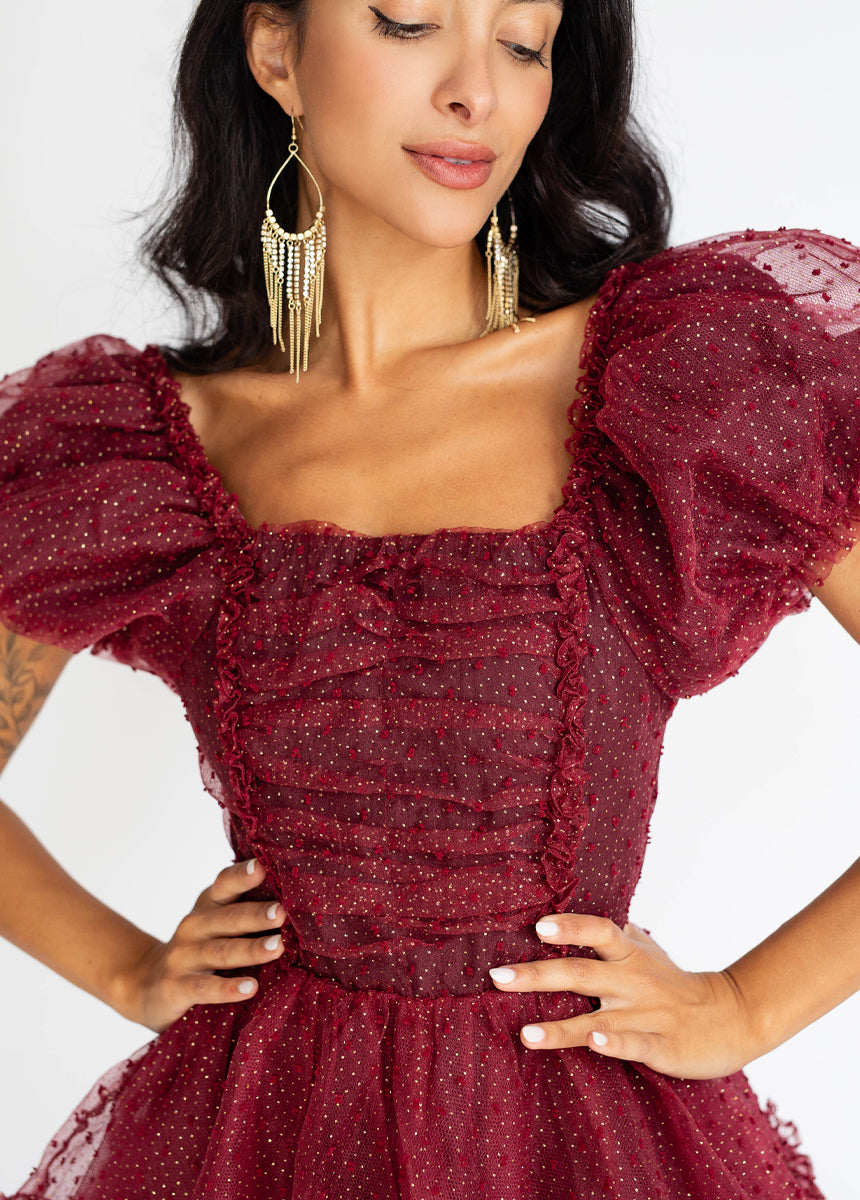 Perla Burgundy Dot Dress - Elegant Floral Print Women's Dress for Casual Wear, Parties & Special Occasions