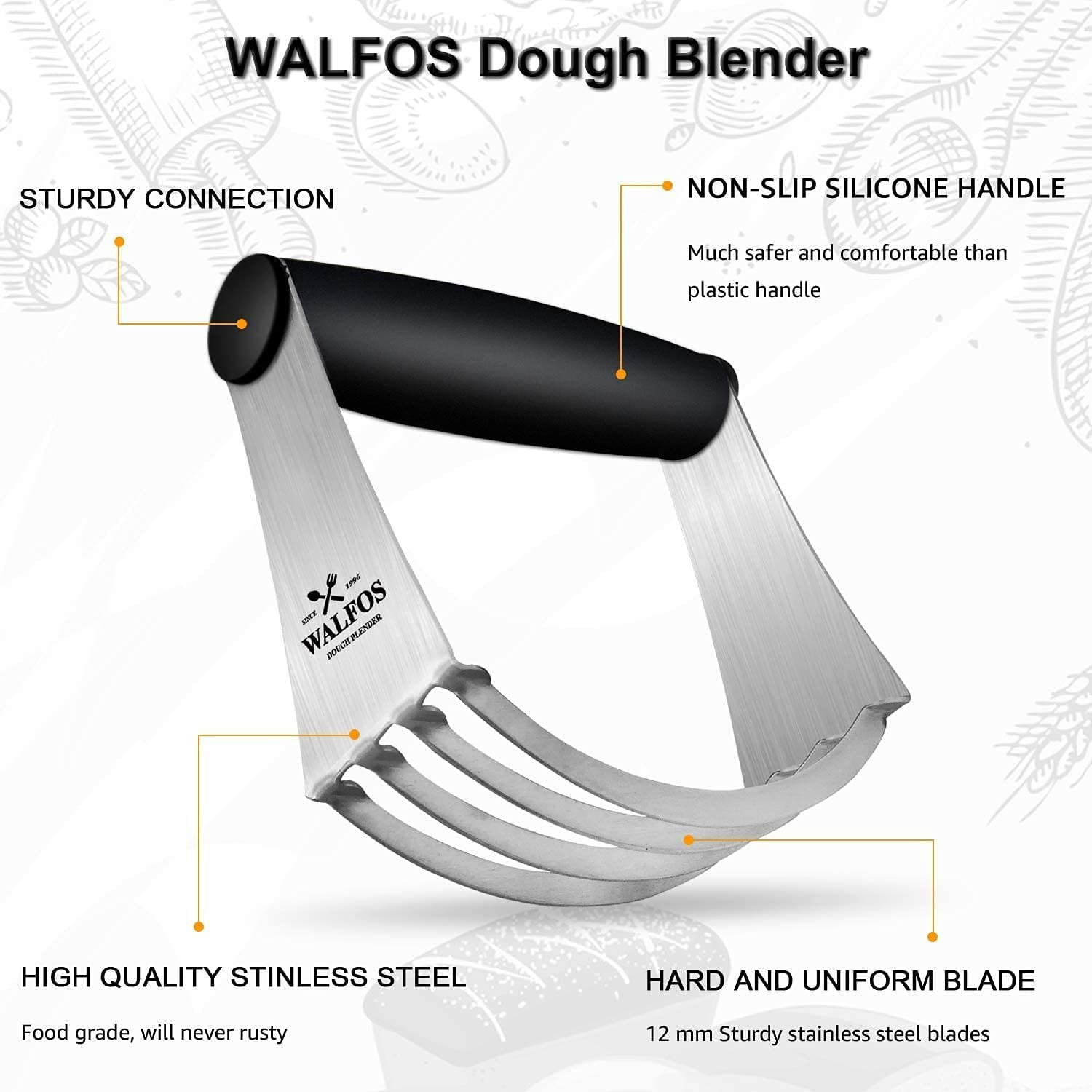 WALFOS Stainless Steel Dough Blender - Heavy Duty Pastry Cutter for Baking Pasta, Pie Crust, Cake & Cookies | Perfect for Home Bakers & Professional Kitchens