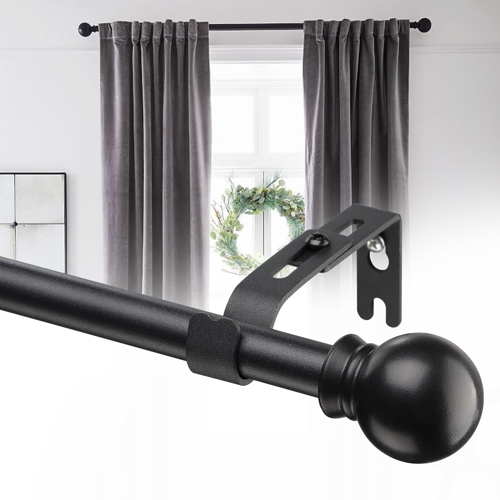 Adjustable Matte Black Curtain Rod 30-90 Inches - Simple Round Finials, 5/8 Inch Metal Drapery Rod with Wall Mount Brackets - Rust-Resistant for Bedroom, Living Room & Outdoor Patio - Perfect for Blackout Curtains, Sheer Drapes & Home Decor