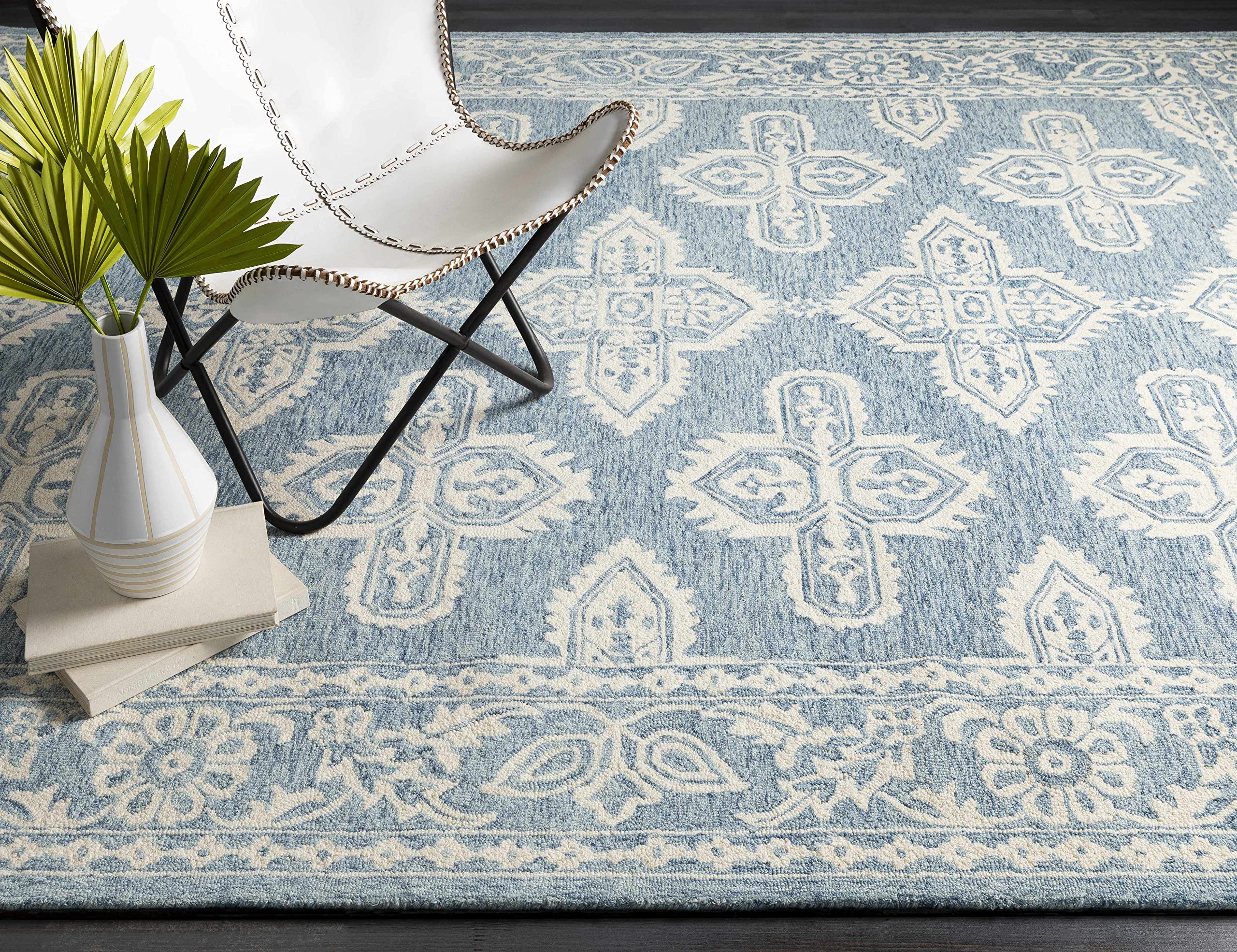 Hauteloom Passaic Wool Area Rug 9' x 12' - Bohemian Global Design in Blue & Beige - Soft Living Room Rug, Bedroom Carpet for Cozy Home Decor - Perfect for Family Rooms, Dorm Spaces & Bohemian Style Interiors