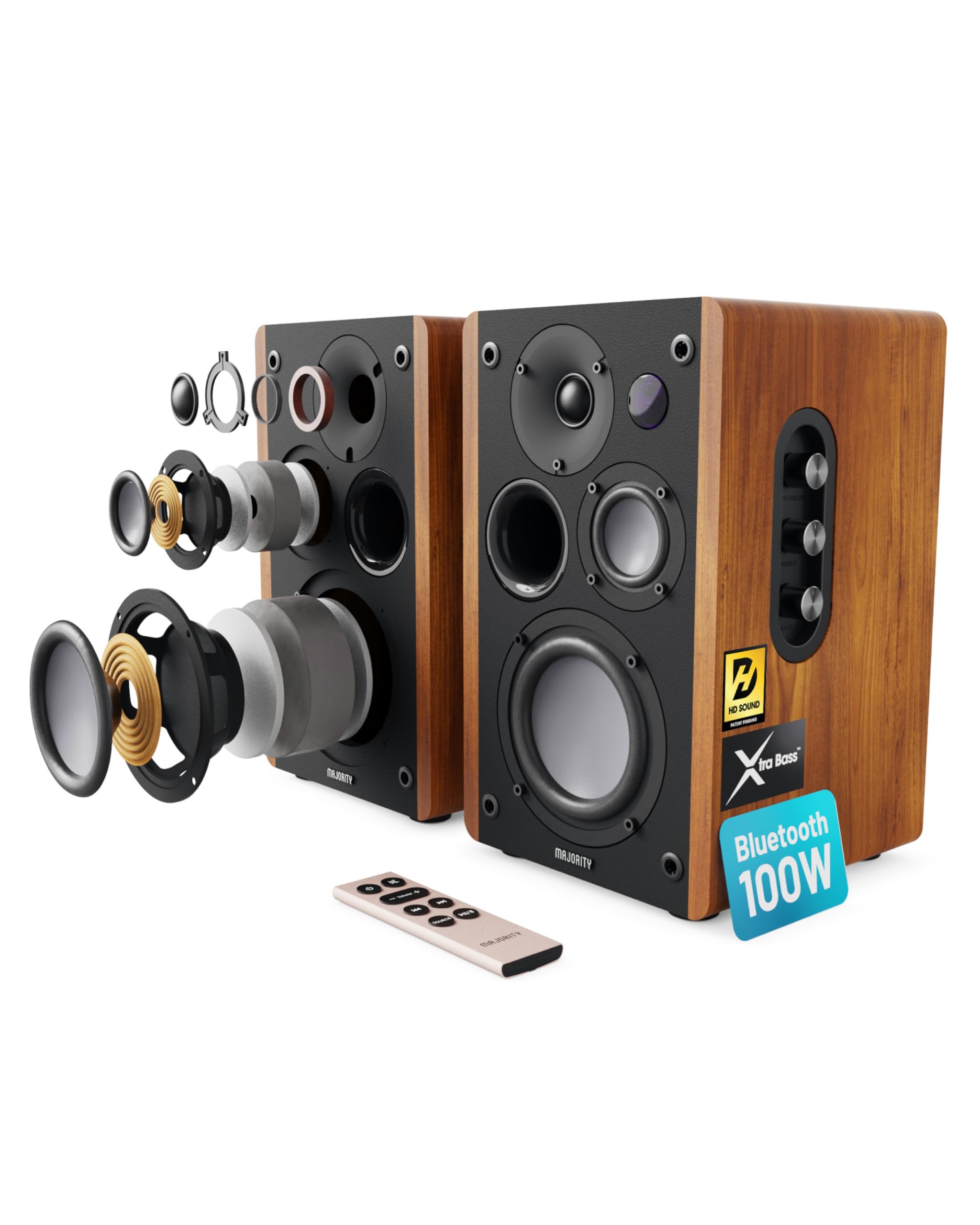 Majority D100 100W Powered Bookshelf Speakers - Bluetooth 5.3 Stereo Speakers with Xtra Bass & 3 Drivers - Active Studio Monitor Speakers for Home Theater, Gaming & Music Listening