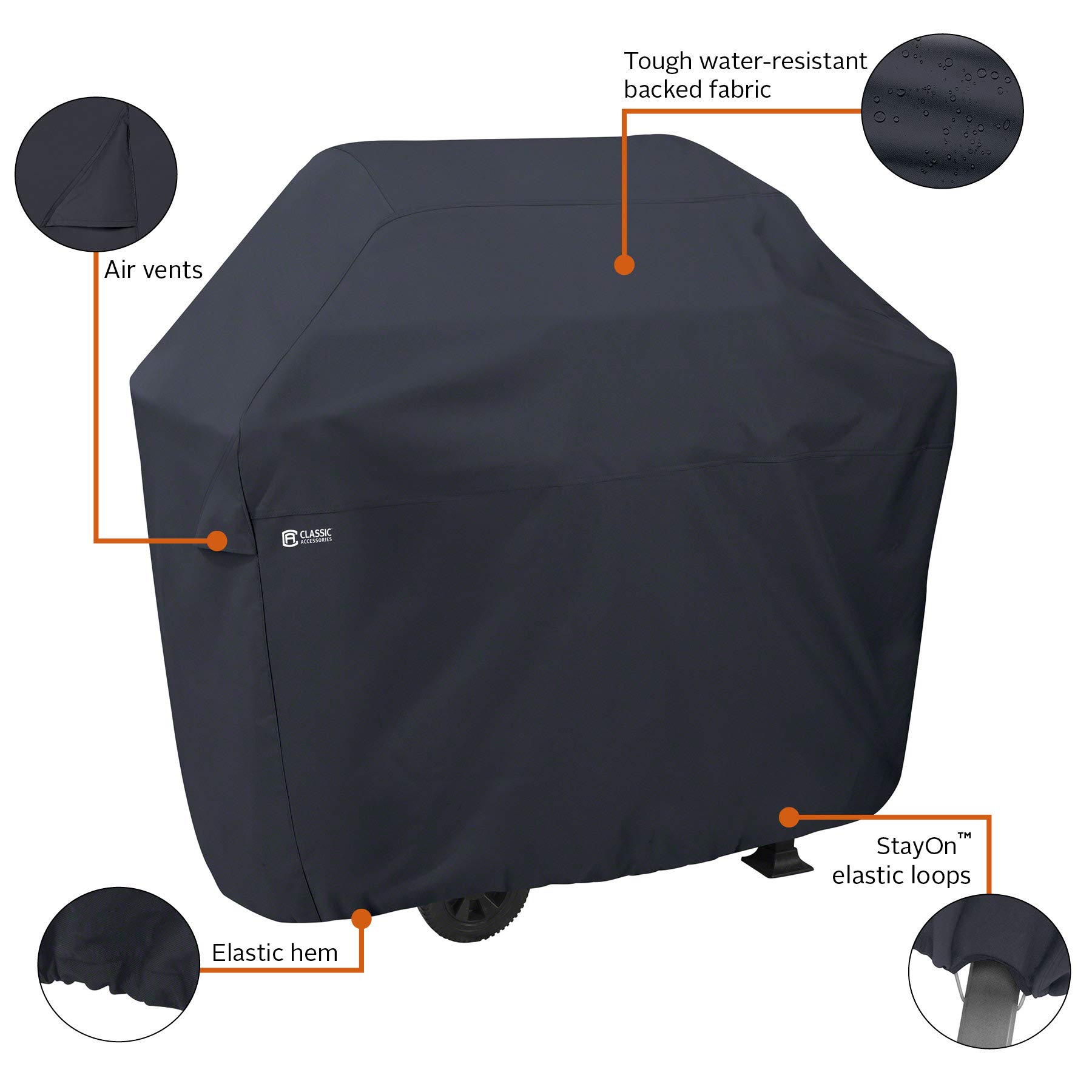 Classic Accessories 64 Inch Water-Resistant BBQ Grill Cover with Coiled Brush & Magnetic LED Light - Perfect for Outdoor Grilling and Backyard Barbecues