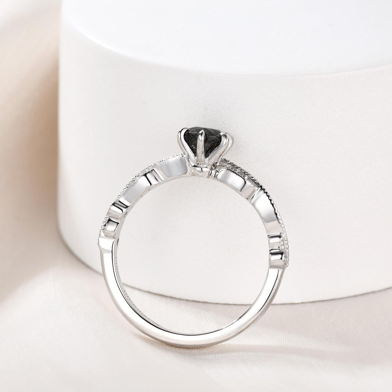 Natural Black Rutilated Quartz Engagement Ring with Diamond Accents - Elegant Wedding Band for Women, Perfect for Proposals, Anniversaries & Special Occasions