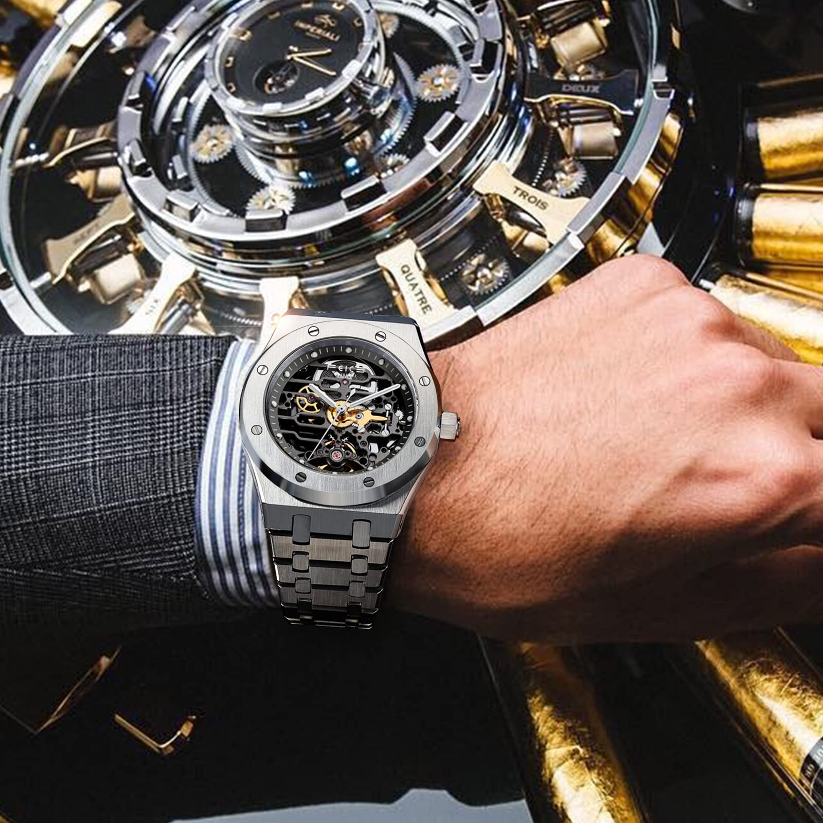 FEICE Automatic Skeleton Watch for Men - 42mm Stainless Steel Mechanical Business Wristwatch with Anti-Shock, Waterproof & Luminous Features - Sapphire Crystal Analog Watch with Adjustable Band (FM019HOT) - Perfect for Office Wear, Formal Events & Everyday Use