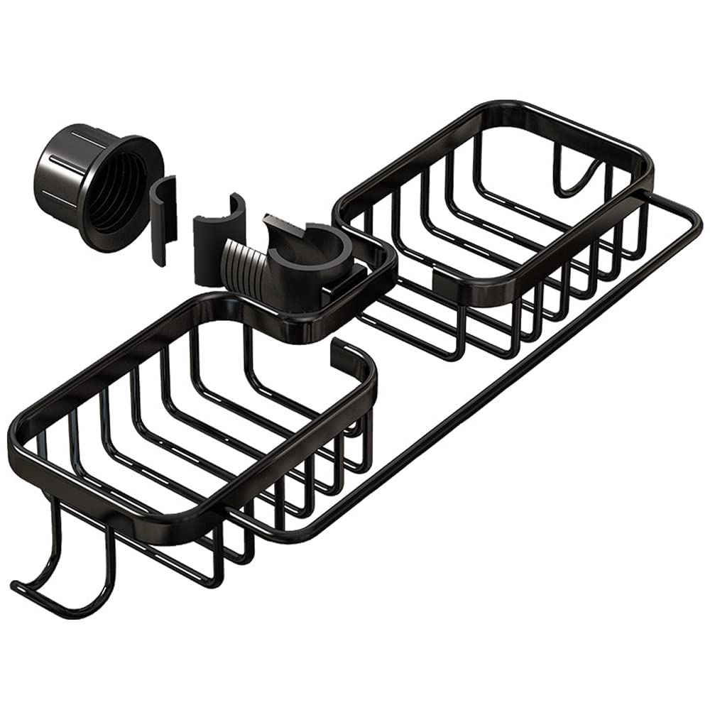 Stainless Steel Kitchen Sink Organizer with Double Towel Rack & Hooks - Over The Faucet Sink Caddy for Sponge, Soap & Utensils - Perfect for Small Kitchen Organization & Dish Drying (Black)