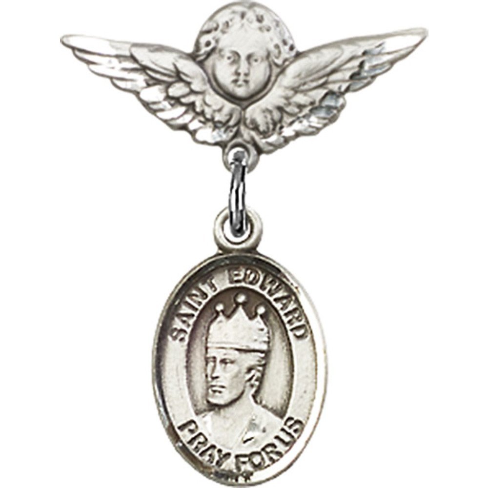 Sterling Silver Baby Badge with St. Edward The Confessor Charm & Angel Wing Pin - 7/8