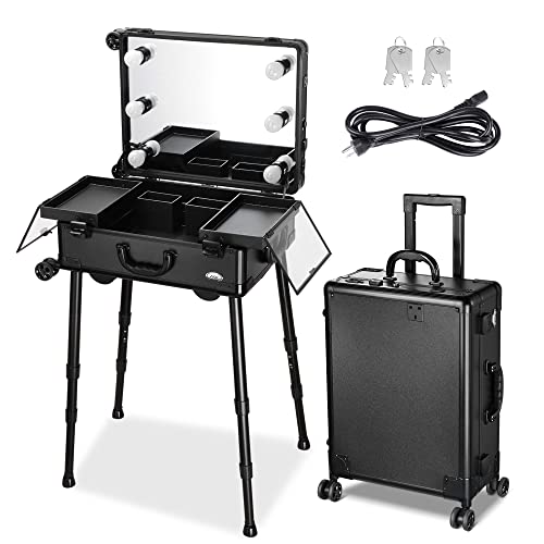 BYOOTIQUE Professional Rolling Makeup Case with LED Lights & Stand - Portable Cosmetic Organizer for Makeup Artists - Perfect for Travel, Salon, and Home Beauty Storage (Black)