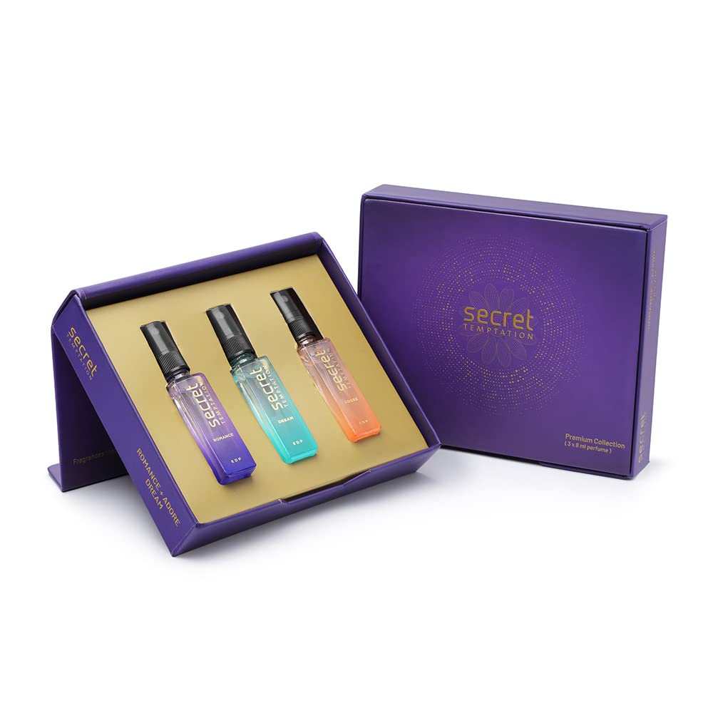 Secret Temptation Women's Perfume Gift Set - Adore, Romance & Dream Fragrances | Long Lasting Floral Scent Perfume Spray (8ml Each) | Perfect for Valentine's Day, Anniversary & Birthday Gifts