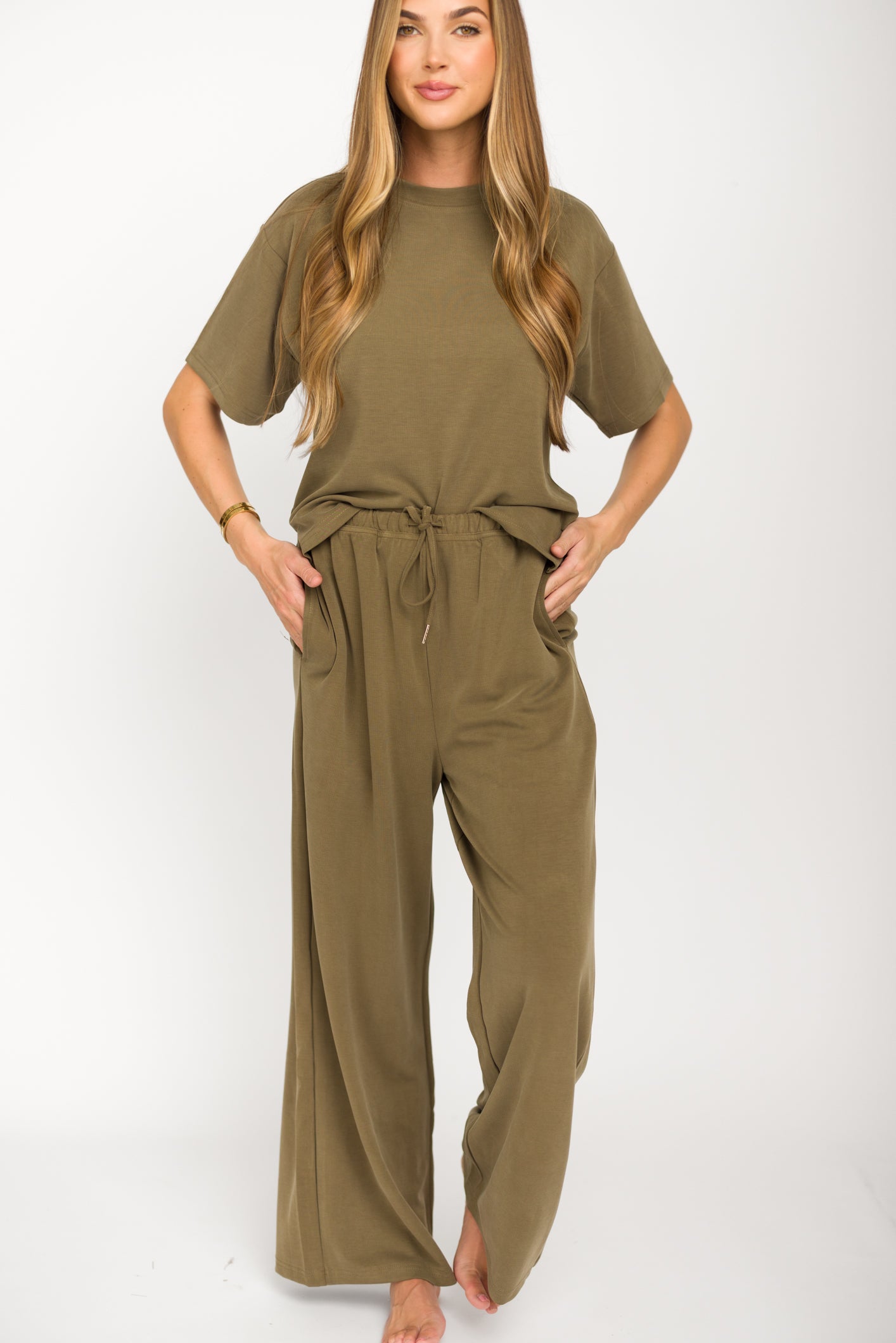Macy Loose Fit T-Shirt & Wide Leg Pant Set - Women's Casual Sage Green Outfit for Lounge, Yoga & Everyday Wear