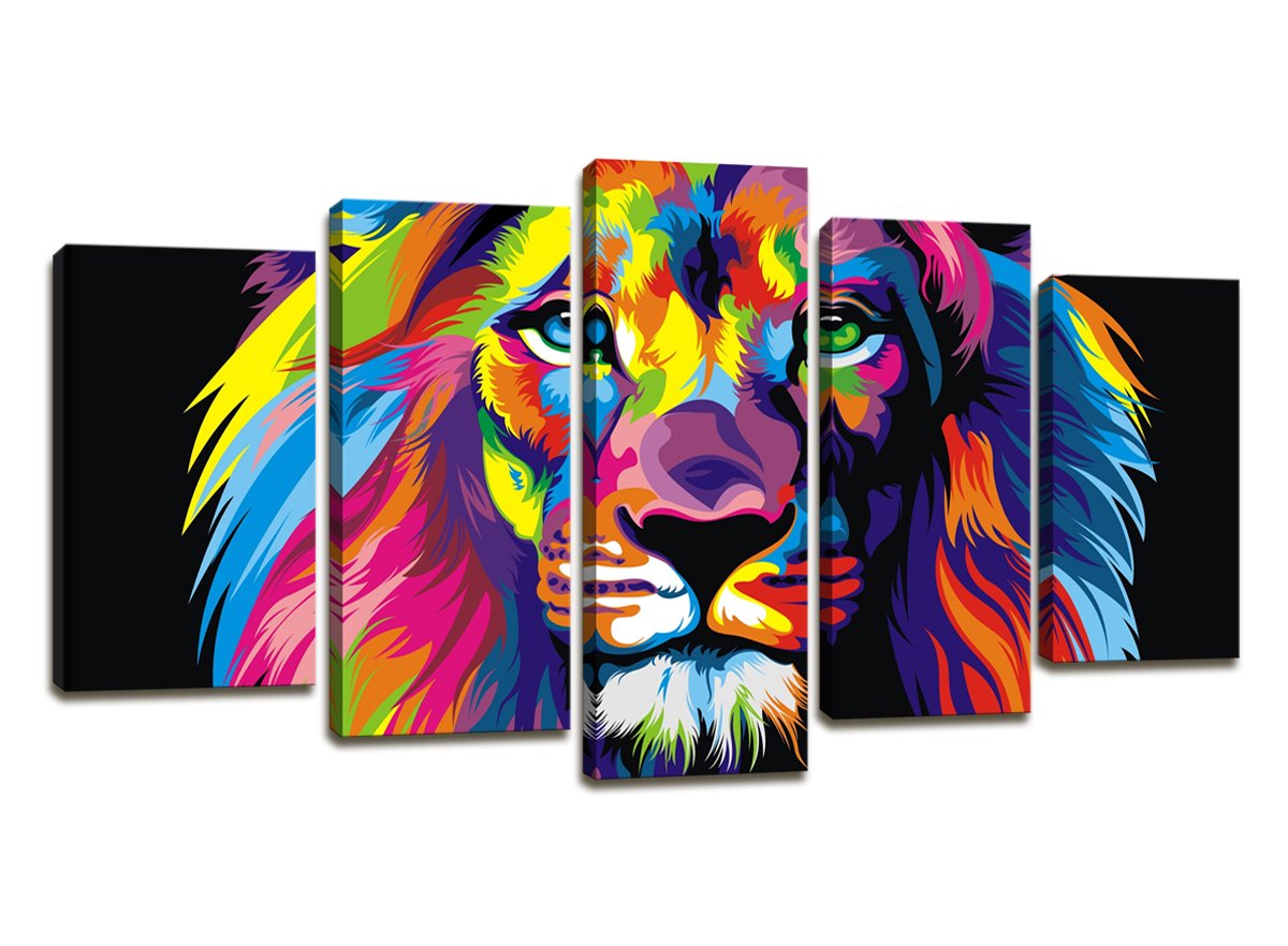 Vibrant Lion Canvas Wall Art - 5 Panel Modern Painting Prints for Home & Bathroom Decor | Colorful Animal Art for Living Room, Bedroom & Office