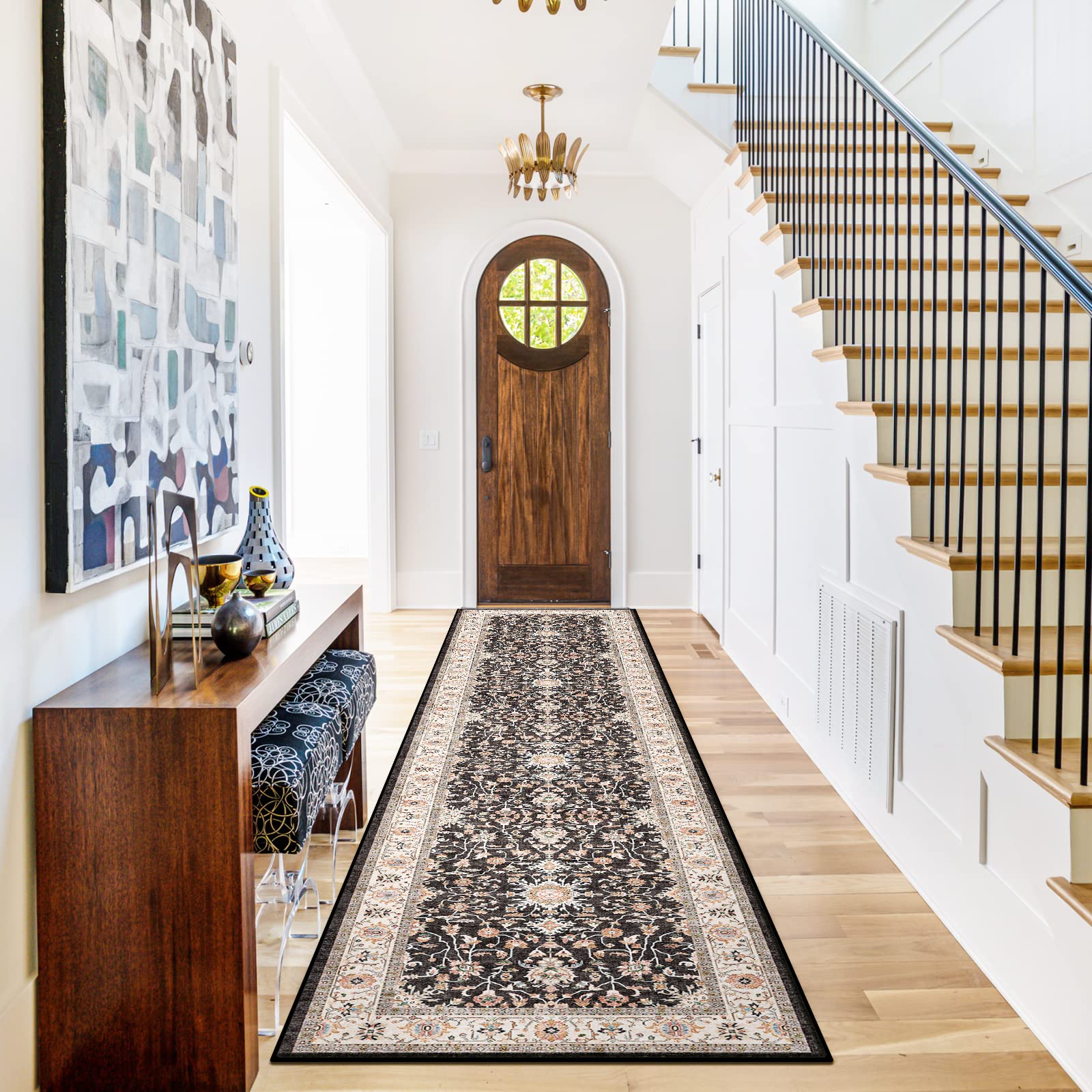 Non-Slip Washable Runner Rug 2x10 - Waterproof Hallway Carpet for Kitchen, Living Room, Bedroom & Bathroom - Perfect for High Traffic Areas & Pet-Friendly Homes (Black, 2'x10')
