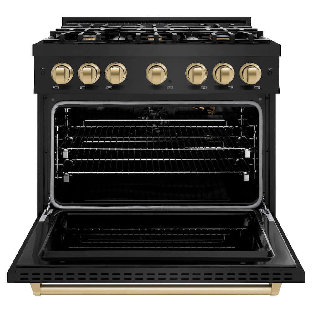 ZLINE Autograph Edition 36 Inch 5.2 Cu. Ft. Classic Gas Range - 6 Burner Cooktop with Convection Gas Oven in Black Stainless Steel & Champagne Bronze Accents (CGRBZ 36 CB) - Perfect for Professional Home Chefs & Modern Kitchen Upgrades