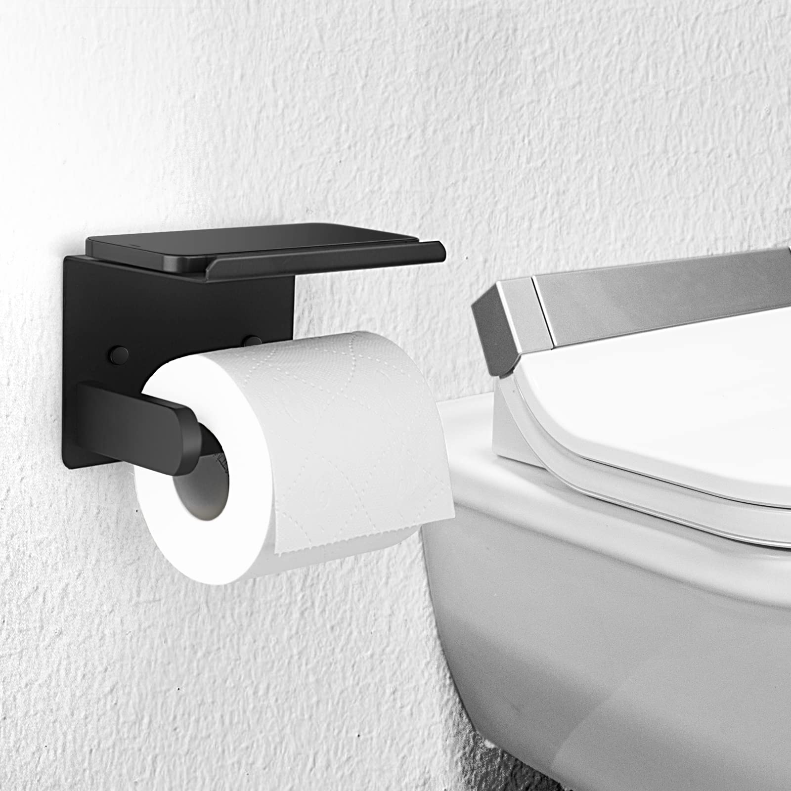 Matte Black Toilet Paper Holder with Shelf - Wall Mount SUS304 Stainless Steel Bathroom Tissue Roll Holder (Screw or Self-Adhesive) - Perfect for Modern Bathrooms, Powder Rooms & RVs
