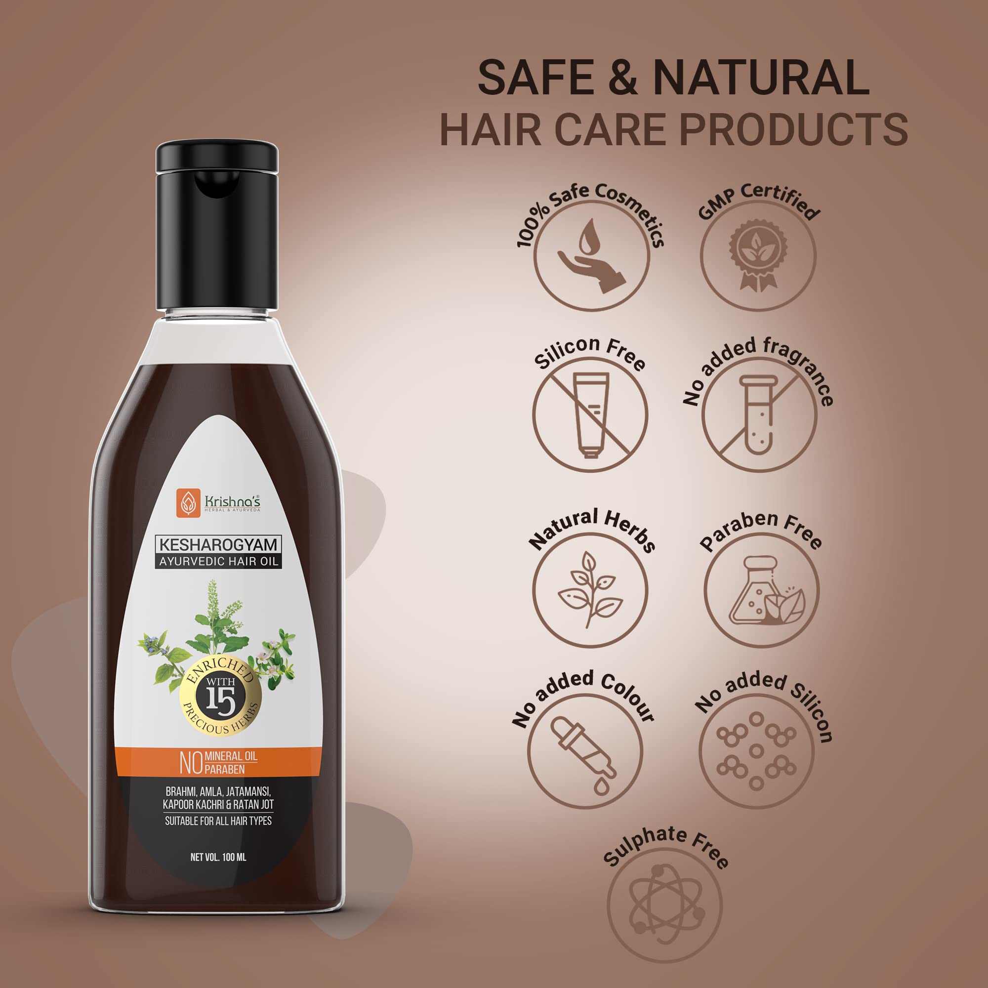 Krishna's Kesharogyam Ayurvedic Hair Oil - 100ml Natural Hair Growth Treatment with 15 Herbs (Amla, Jatamasi) | Paraben-Free for Strong, Healthy Hair | Perfect for Daily Scalp Massage & Hair Care Routine