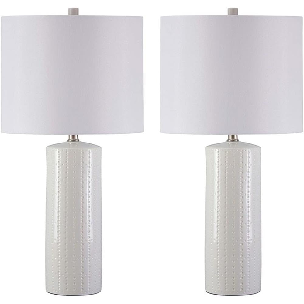 BOWERY HILL Modern Ceramic Table Lamp Set of 2 - White Drum Shade Textured Finish for Living Room, Bedroom & Office Lighting Decor