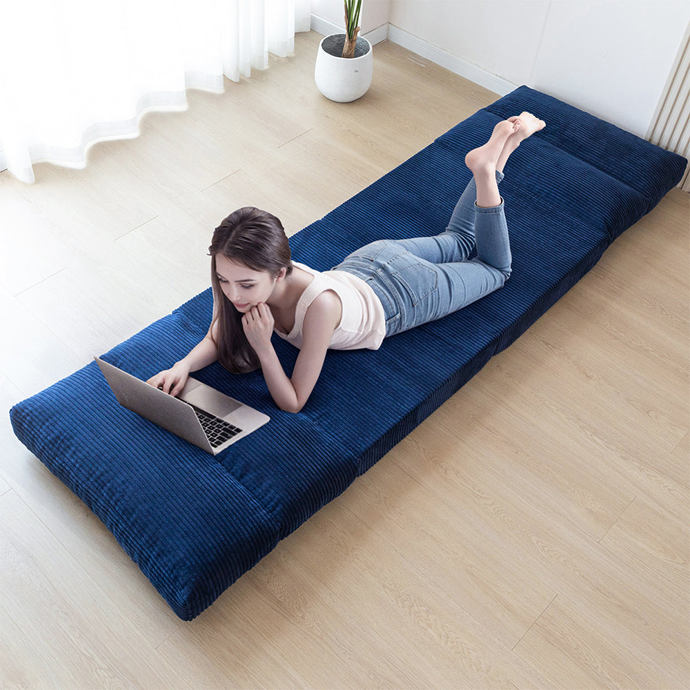 MAXYOYO Folding Sofa Bed - Extra Wide Corduroy Floor Mattress in Navy Blue | Convertible Sleeper for Small Spaces, Guest Room & Dorm | Comfortable Lounge Sofa for Living Room, Bedroom & Apartment