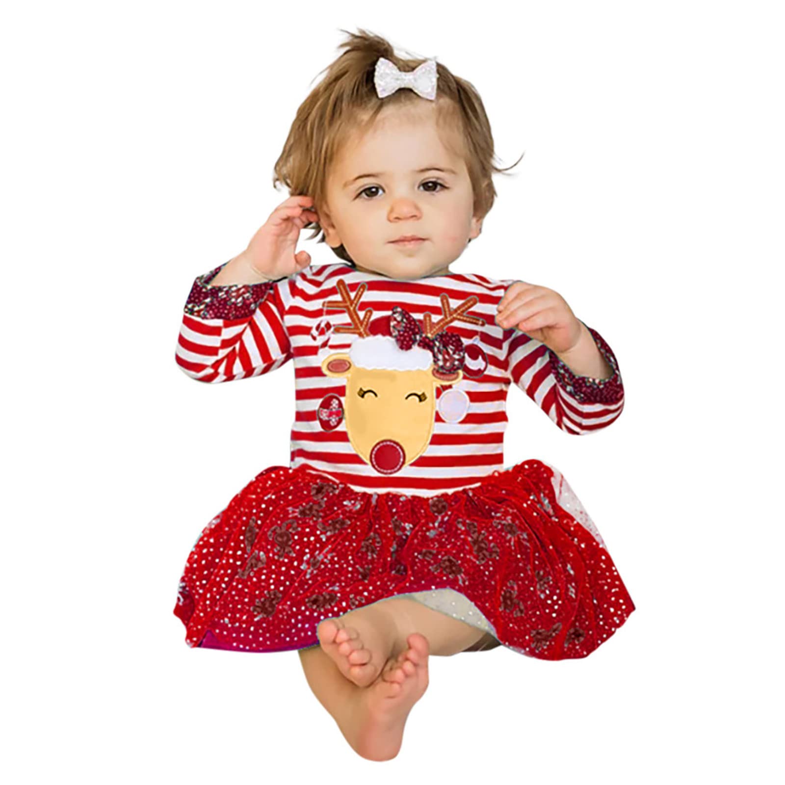 **Deer Striped Princess Tulle Dress for Toddler Girls – Warm Christmas & Easter Party Dress (Red, 3-4 Years) – Perfect for Holiday Photos, Birthday Parties & Special Occasions**