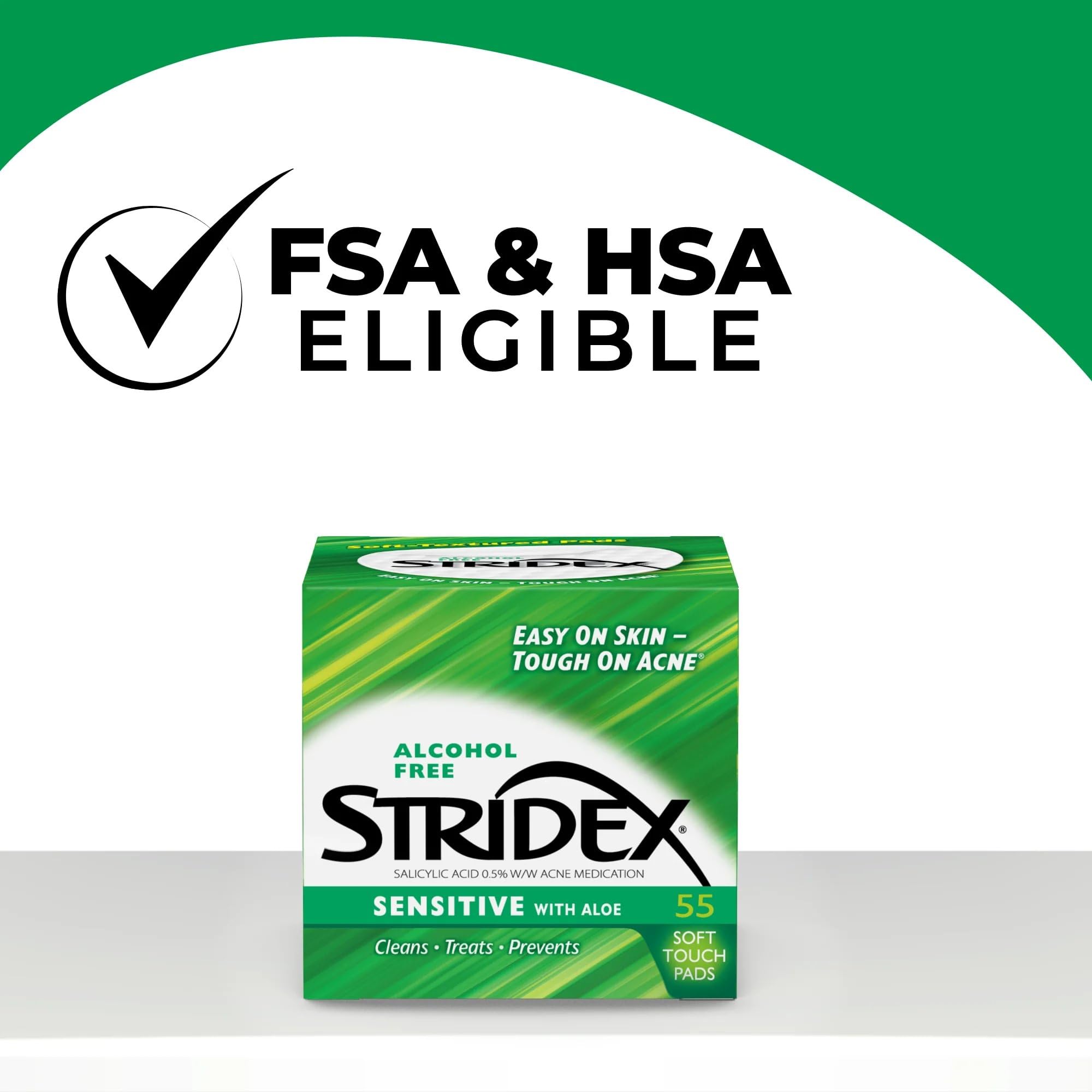 Stridex Medicated Acne Pads for Sensitive Skin - 55 Count Alcohol-Free Facial Cleansing Wipes, Mild to Moderate Acne Treatment with Smooth Application - Perfect for Daily Skincare Routine & On-the-Go Use