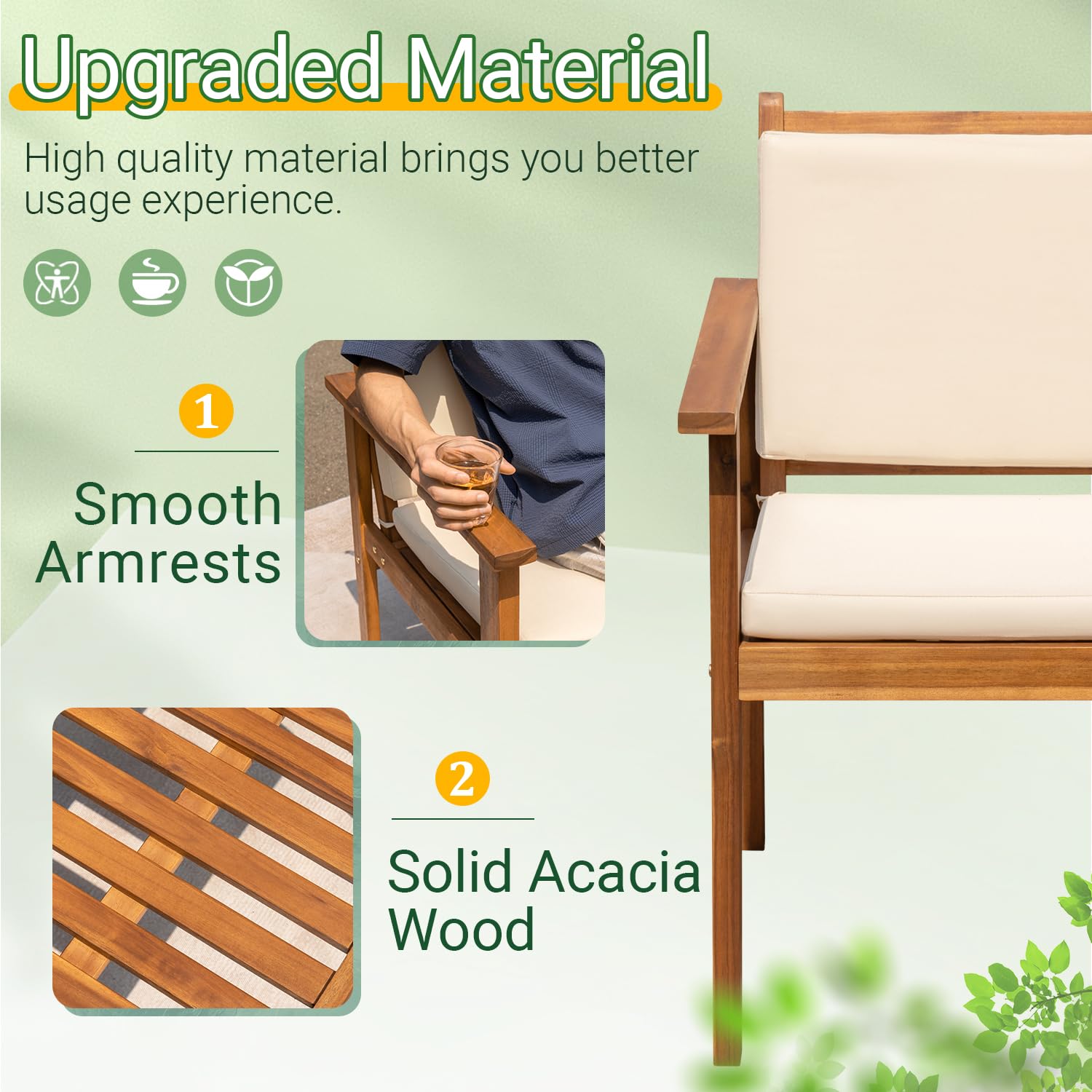 Greesum 3-Piece Outdoor Patio Furniture Set - Acacia Wood Bistro Sofa with 2 Chairs & Coffee Table, Includes Cushions - Perfect for Garden, Backyard, Poolside, Deck or Patio - White Weather-Resistant Conversation Set