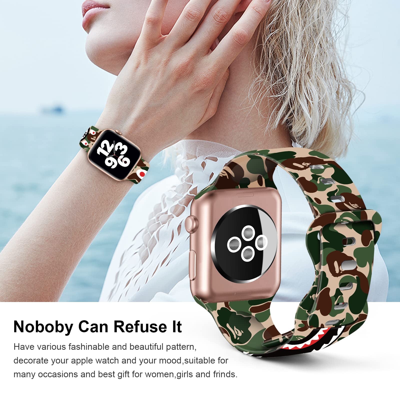 Soft Silicone Pattern Printed Bands for Apple Watch 38mm 40mm 42mm 44mm - Sport Replacement Strap Compatible with iWatch Series 6/5/4/3/2/1/SE - Perfect for Men & Women - Gym, Running, Swimming & Everyday Wear