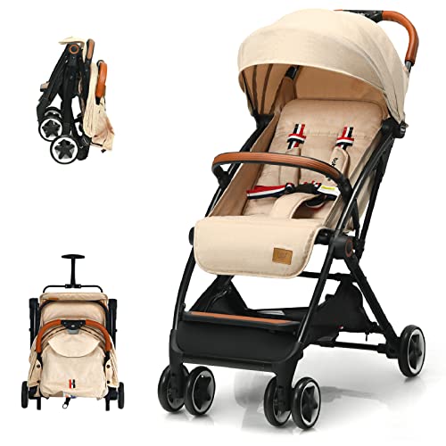 HONEY JOY Lightweight Baby Stroller - Compact Umbrella Stroller for Toddlers with 5-Point Safety Harness, Adjustable Backrest & Footrest, Sun Canopy & Storage Basket - Easy Fold Travel Stroller for Airplane, Shopping & Daily Walks (Beige)
