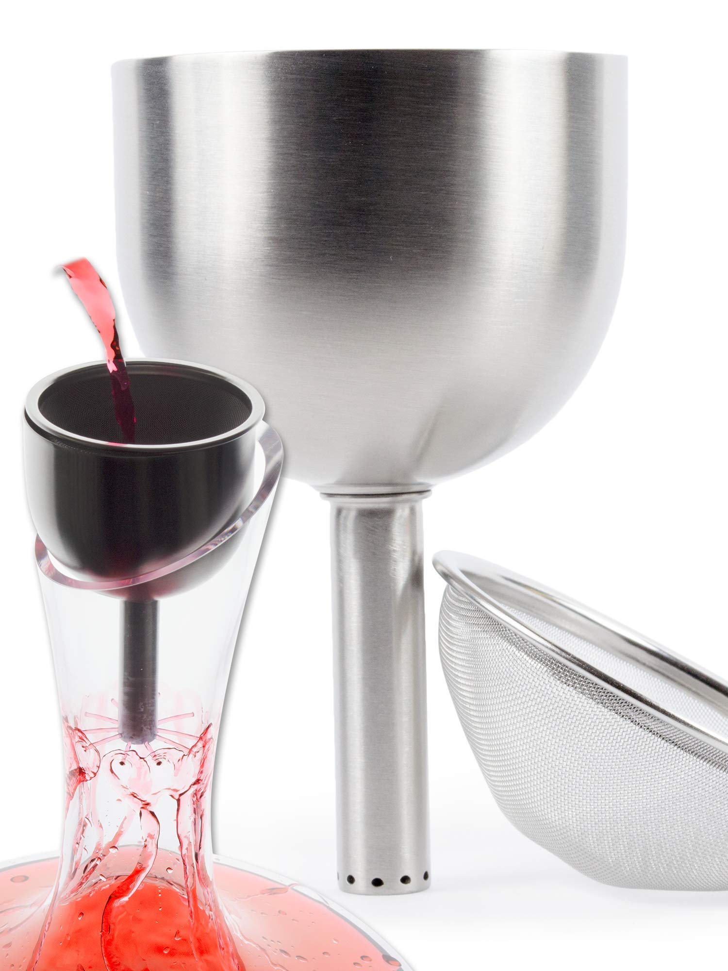 3-in-1 Stainless Steel Wine Funnel with Built-in Strainer, Aerator and Filter - Improve Wine Taste & Remove Sediments - Perfect for Home Bars, Wine Tasting & Gifting