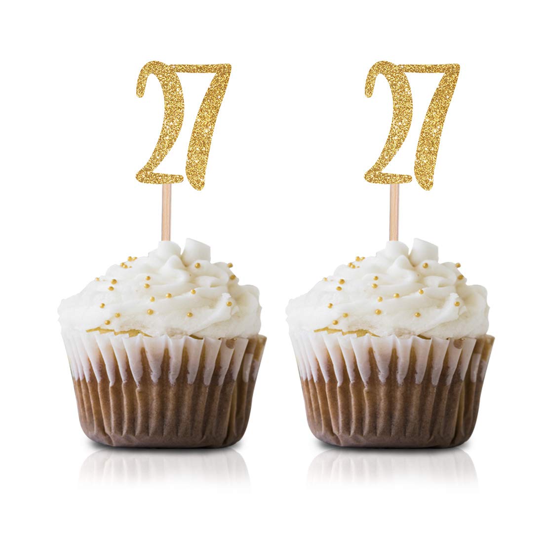 27th Birthday Cupcake Toppers - 24 Pack Gold Glitter Number 27 Cake Decorations for Anniversary, Graduation & Party Celebrations - Perfect for Cupcakes, Cakes & Desserts