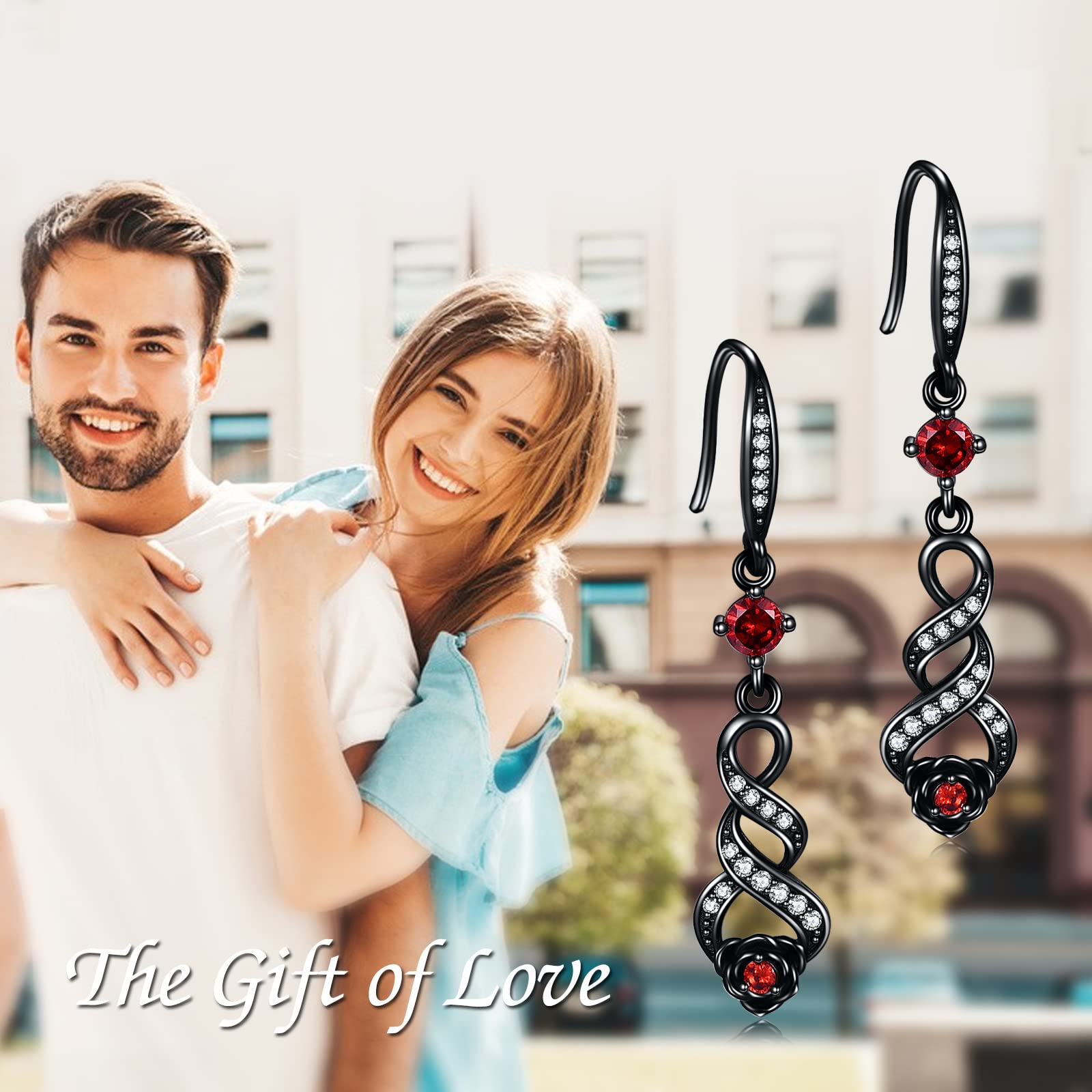 Black Rose Earrings Sterling Silver - Infinity Dangle Earrings for Women | Rose Jewelry Gift for Her | Perfect for Date Nights, Weddings & Special Occasions